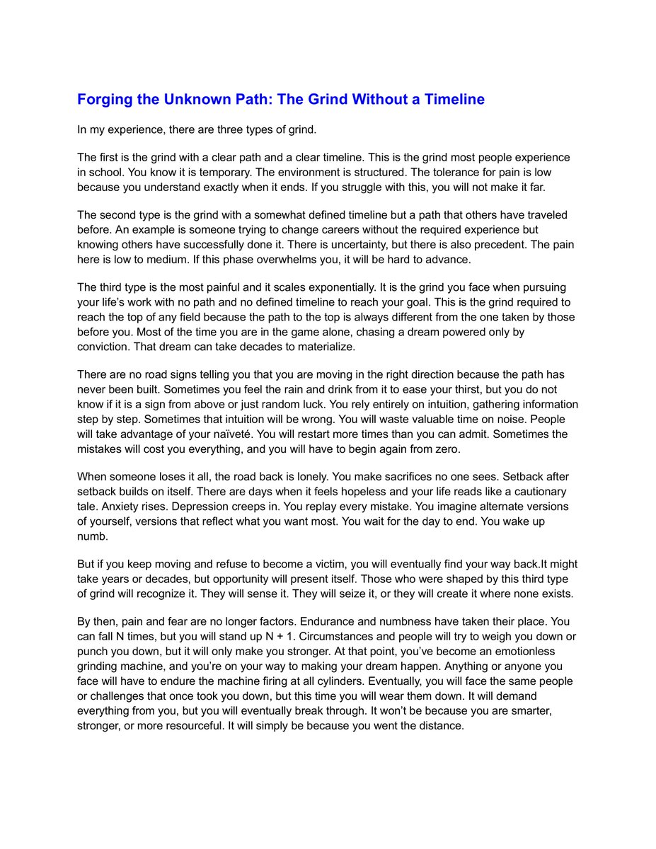 开辟未知之路:没有时间表的磨砺与无情磨砺机器的诞生
在追求毕生事业的过程中,你会遇到挫折,这些挫折可能会导致你失去所有努力的成果,不得不从头再来。
当一个人失去一切,回归之路总是孤独的。你默默做出牺牲,无人知晓。一次又一次的挫折不断累积