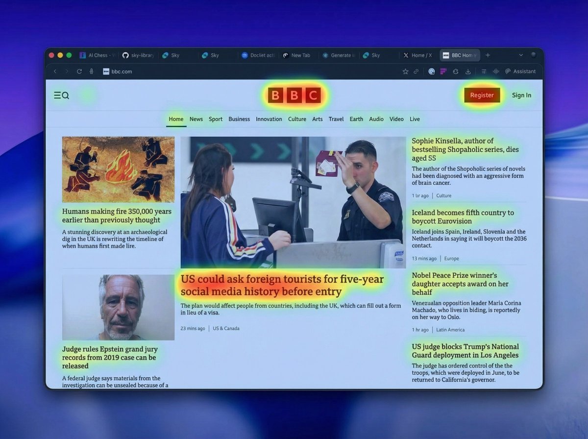 Você pode pedir ao Nano Banana Pro para prever um mapa de calor de cliques e desenhá-lo sobre a captura de tela do site.