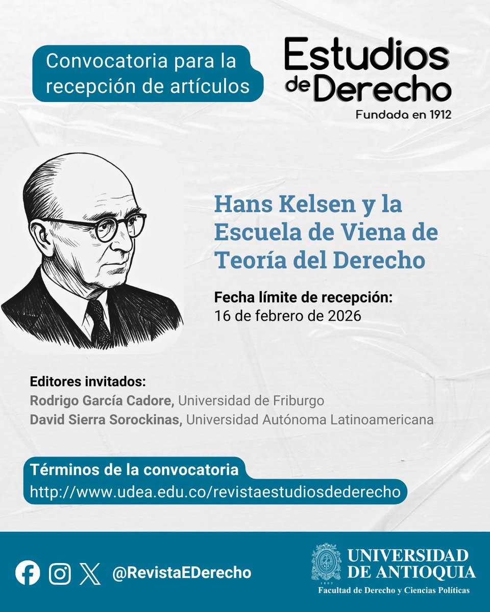 Invitamos a la comunidad académica a participar en la nueva #Convocatoria "Hans Kelsen y la Escuela de Viena de Teoría del Derecho"  
Editores invitados Dr. Rodrigo García y Dr. David Sierra Sorockinas. 
Más info👉acortar.link/zOF5k6