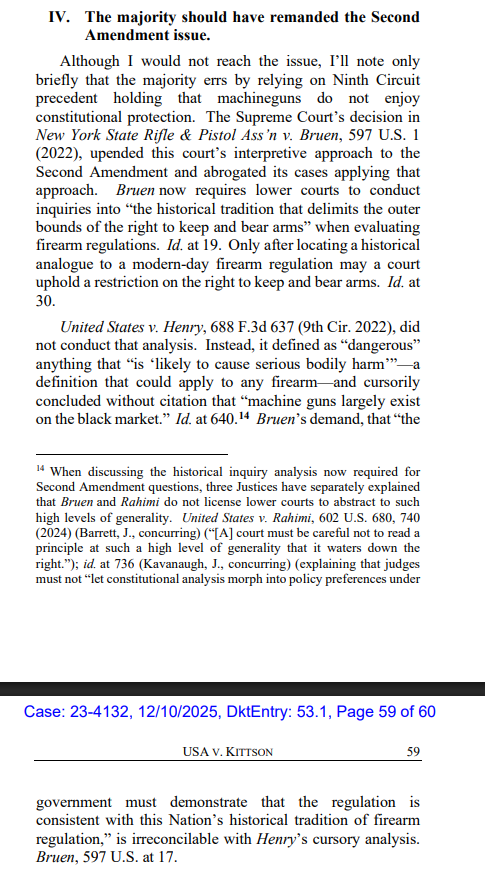 As to the Second Amendment, Judge VanDyke says he wouldn't have reached the issue as Kittson should have won on statutor