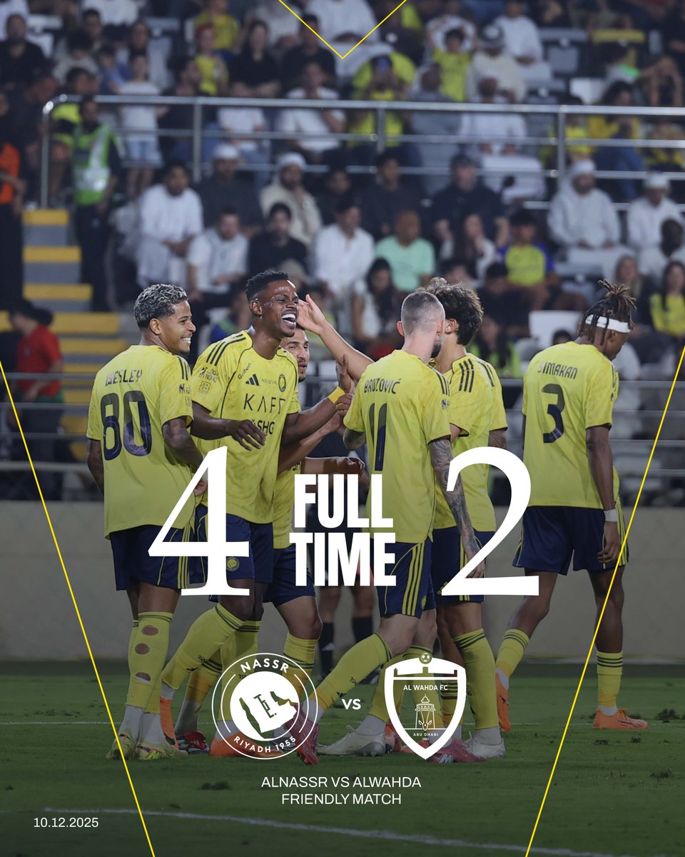 🔚 | صافـرة النهاية لمباراتنا الوديـة

النصر 4 - 2 الوحدة الإماراتي
⚽ كريستيانو رونالدو
⚽ كينغسلي كومان
⚽ هارون كمارا
⚽️ سعد الناصر

#النصر_الوحدة