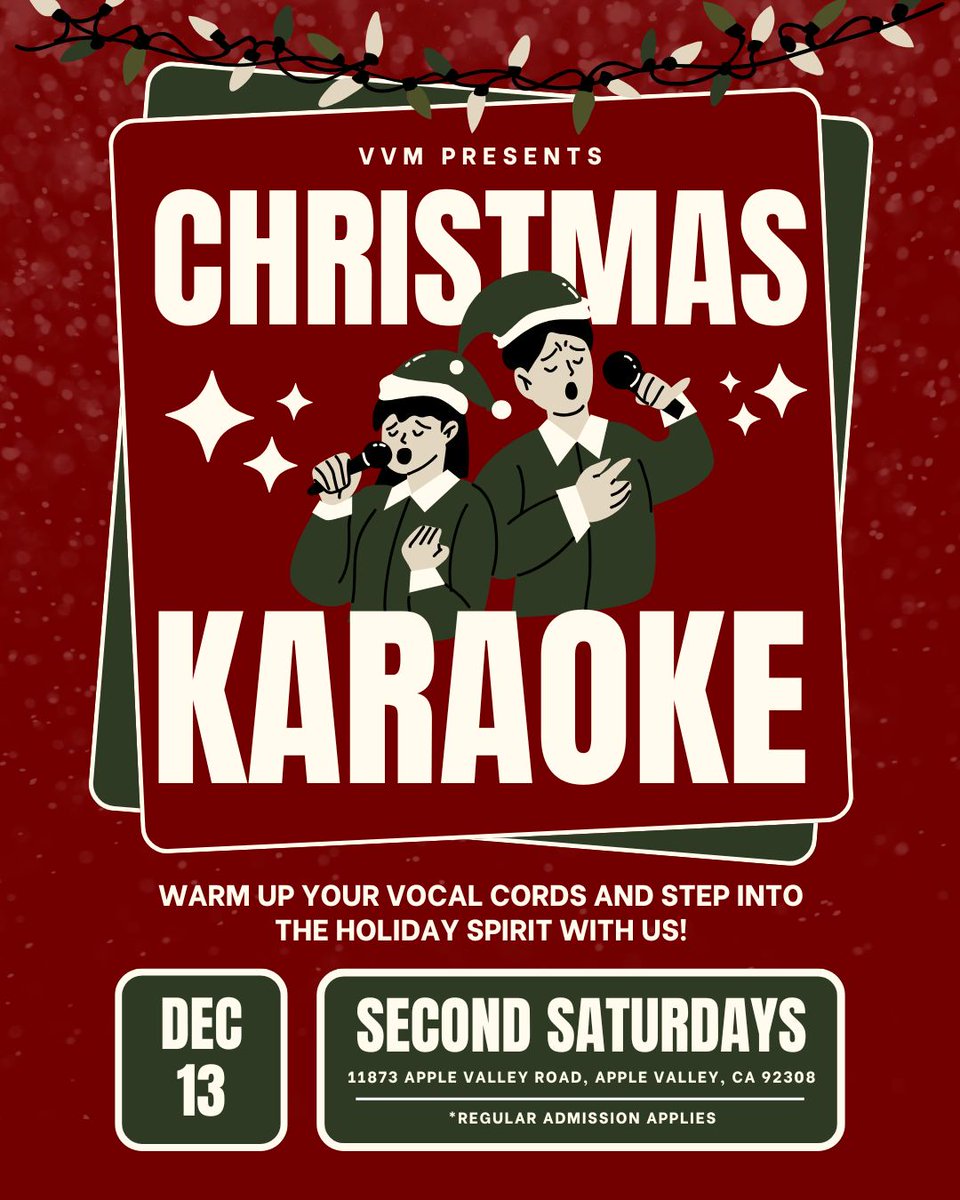 The Victor Valley Museum invites the community to warm up their vocal cords and step into the holiday spirit during its Second Saturday event on Dec. 13. 

Guests can enjoy a festive afternoon of Christmas Karaoke filled with music, laughter, and community cheer!