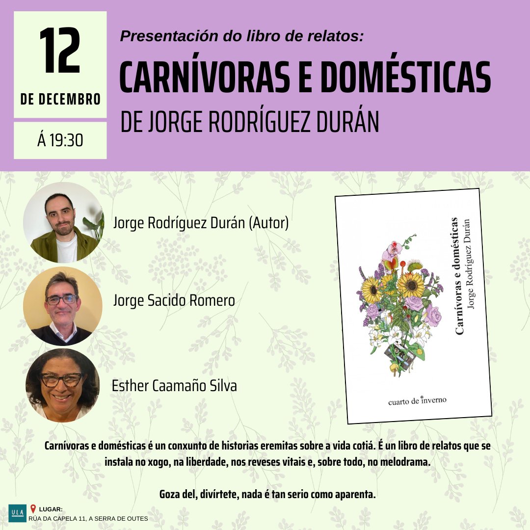 A Serra de Outes: presentación de Carnívoras e domésticas, de Jorge Rodríguez Durán: axendacultural.aelg.gal/2025/12/11/a-s… <a href="/CuartoInverno/">Cuarto de Inverno</a>
