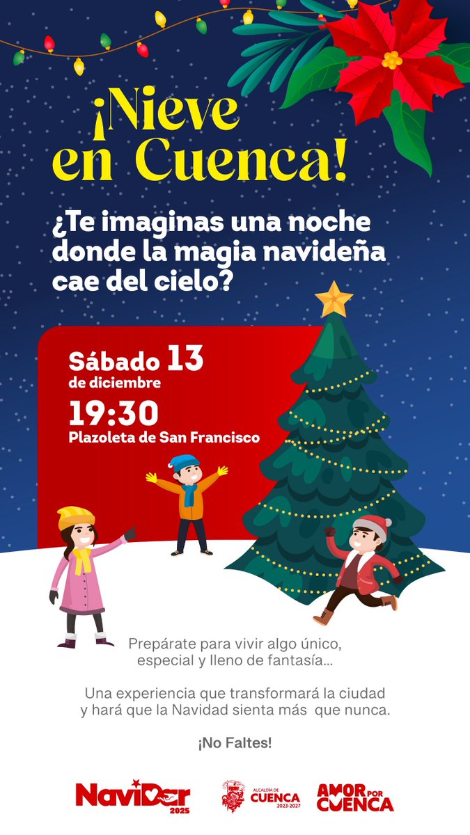 ¡En #Cuenca la #Navidad no se cuenta, se vive! 🎄❤️💛 Cada rincón late distinto, la ciudad brilla y el ambiente se siente mágico.

¿Ya lo recorriste? Este viernes estará increíble por el Centro Histórico, y el sábado prepárate, porque ¡habrá nieve en San Francisco! ❄️😍

Vienen