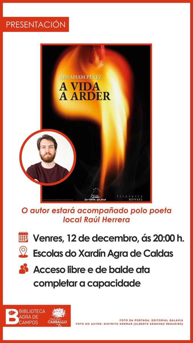 Carballo: presentación de A vida a arder, de Abraham Pérez: axendacultural.aelg.gal/2025/12/11/car… <a href="/AbrahamsPf/">Abraham Pérez</a> <a href="/EdGalaxia/">Editorial Galaxia</a>