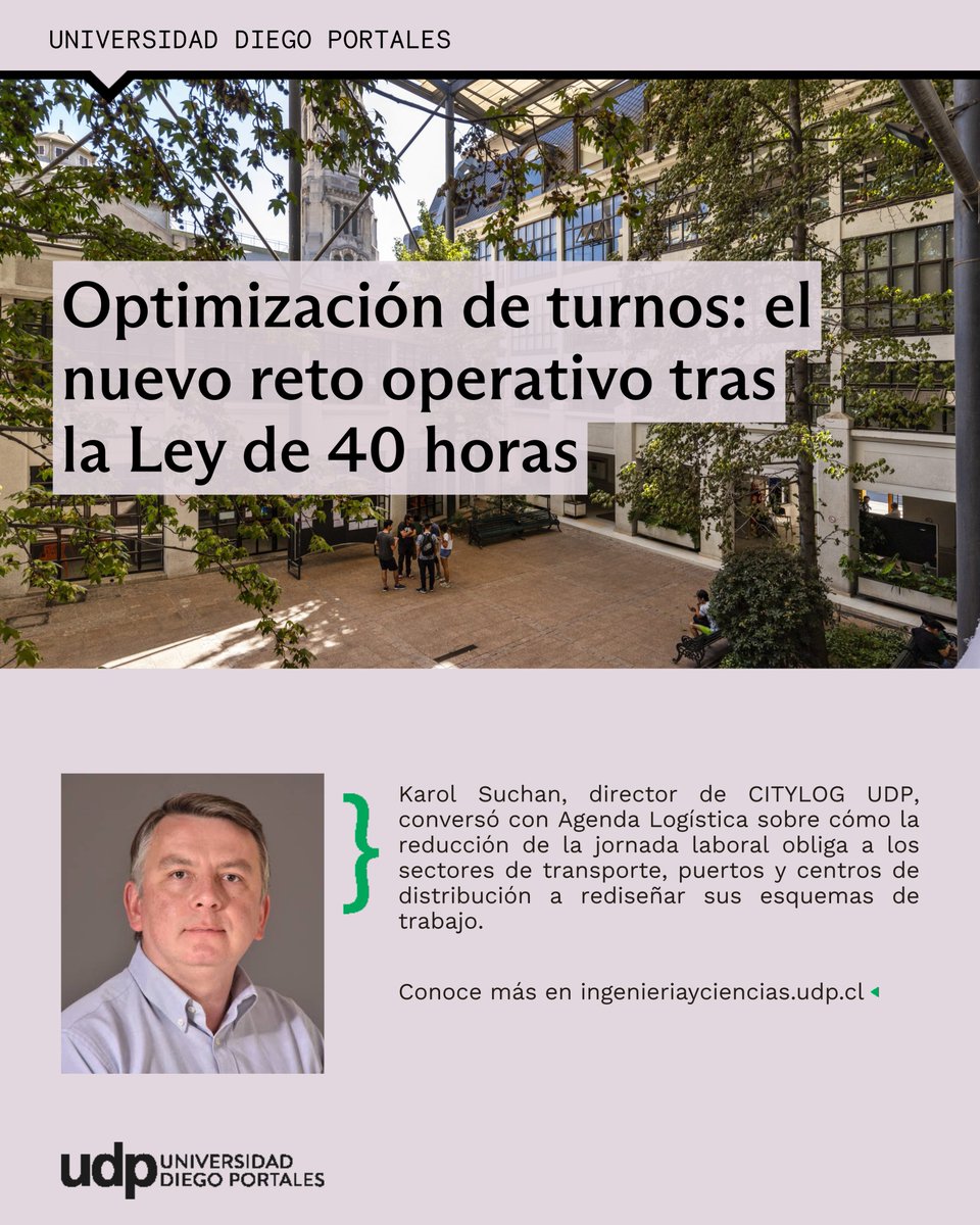 #PrensaFIC 📰 Karol Suchan, director de CITYLOG UDP, conversó con <a href="/Agendalogistic/">Agenda Logística</a> sobre cómo la reducción de la jornada laboral obliga a los sectores del transporte, los puertos y los centros de distribución a rediseñar sus esquemas de trabajo.

agendalogistica.cl/40-horas-centr…