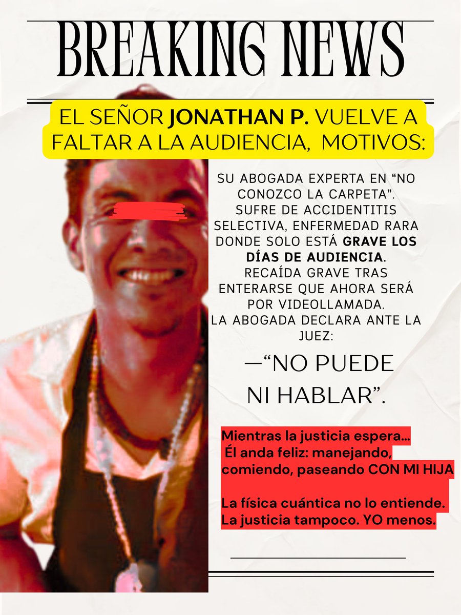 mi agresor ha sido omiso de las ordenes judiciales , nada mas se le otorgo la custodia PROVISIONAL Y PENSION Y YA NO SE PRESENTA A NADA NI EL , NI A MI HIJA. NUEVAMENTE AYER 9 DE DIC DEL 2025 AUDIENCIA DIFERIDA!!!!
.Y SU defensa…
A cargo de alguien cuyo pasado está registrado en