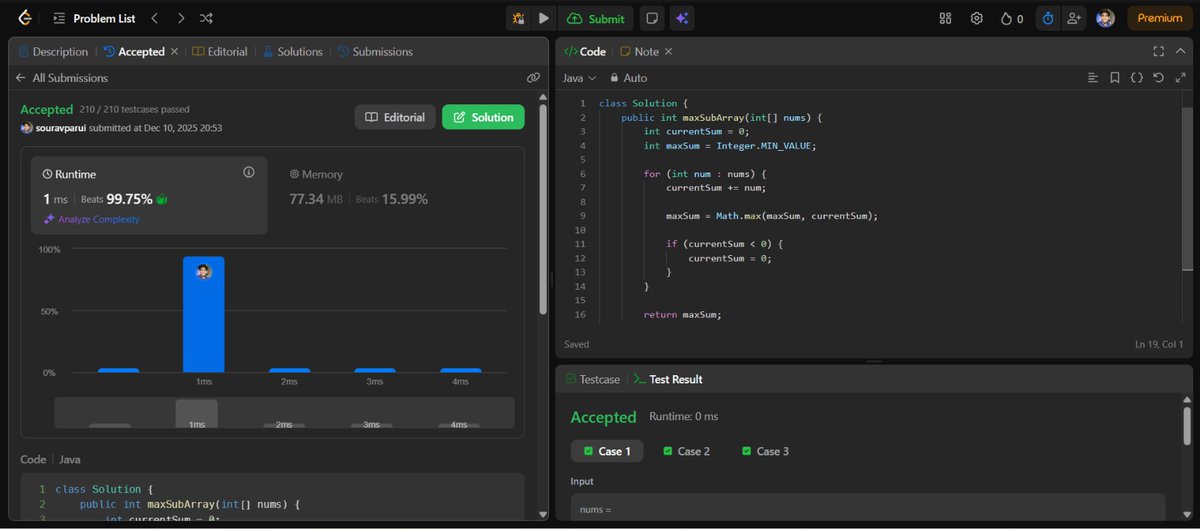 SouravParvi's tweet image. Solved LeetCode 53 — Maximum Subarray!
Kadane’s Algorithm = simple + powerful 🔥

• Keep a running sum
• Reset when negative
• Track the global max
• Works in O(n) time 🙌

#LeetCode #DSA #Java #Coding #Kadane #Algorithms #ProblemSolving #100DaysOfCode #Tech