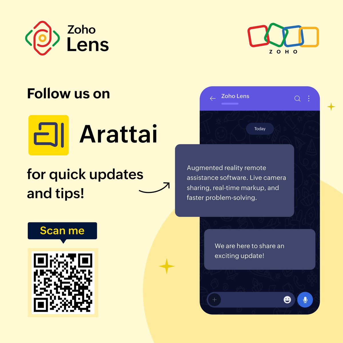 ZohoLens's tweet photo. Stay in the loop with the latest updates, feature highlights, and important alerts on our Arattai channel. 📢 💬

🔗 Join now: https://t.co/qvAQd3cmbw

#AugumentedReality #ZohoLens #RemoteSupport https://t.co/0fGQGu5oon