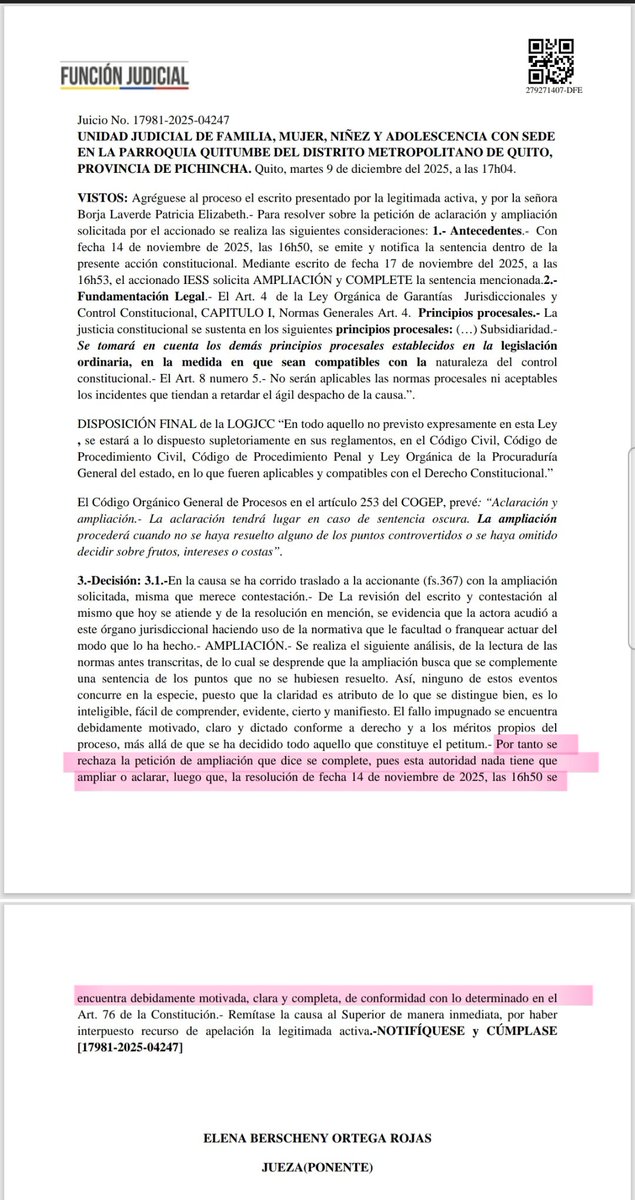 LizzyBor9's tweet photo. 🔴#UndatodelIESS: Como lo había mencionado, el recurso de ampliación del IESS era improcedente. Ayer la jueza rechazó el recurso horizontal interpuesto por el IESS.
Dentro de esa causa -como afiliada- presenté un escrito (04-12-2025), en el que detallé las razones de la improcedencia de ese recurso 👇: