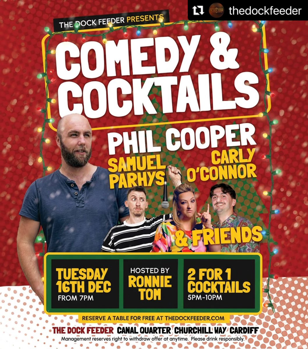 SourceOfHumour's tweet image. Phil Cooper has just joined the lineup of the next Comedy &amp;amp; Cocktails at @thedockfeeder #cardiff 
With Samuel Parhys, Carly O’Connor &amp;amp; Friends
Hosted by Ronnie Tom
Reserve a table thedockfeeder.com/booking
#welshcomedy #comedynight #comedy #standupcomedy