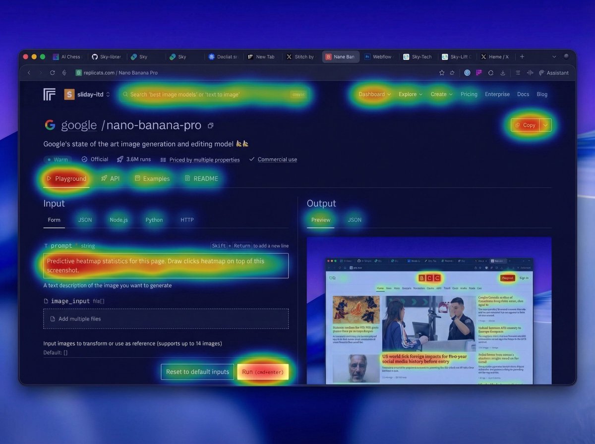 Você pode pedir ao Nano Banana Pro para prever um mapa de calor de cliques e desenhá-lo sobre a captura de tela do site.