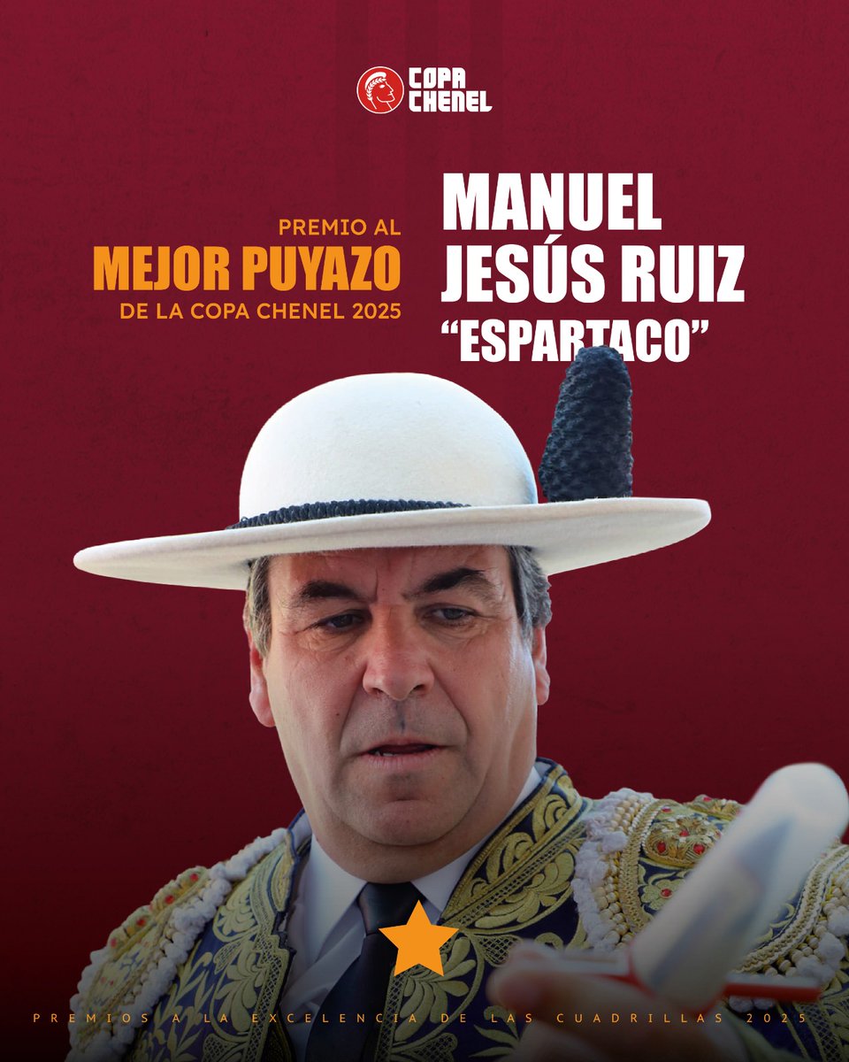 🏆 El premio al 𝗠𝗘𝗝𝗢𝗥 𝗣𝗨𝗬𝗔𝗭𝗢 𝗱𝗲 𝗹𝗮 𝗖𝗢𝗣𝗔 𝗖𝗛𝗘𝗡𝗘𝗟 2025 es para....
𝗠𝗮𝗻𝘂𝗲𝗹 𝗝𝗲𝘀𝘂𝘀 𝗥𝘂𝗶𝘇 “𝗘𝘀𝗽𝗮𝗿𝘁𝗮𝗰𝗼” 🙌🏼
<a href="/ftorodelidia/">Fundación Toro Lidia</a> <a href="/novilladas/">Liga Nacional de Novilladas</a> <a href="/UNPBE/">U.N.P.B.E.</a> <a href="/CopaChenel/">CopaChenel</a>