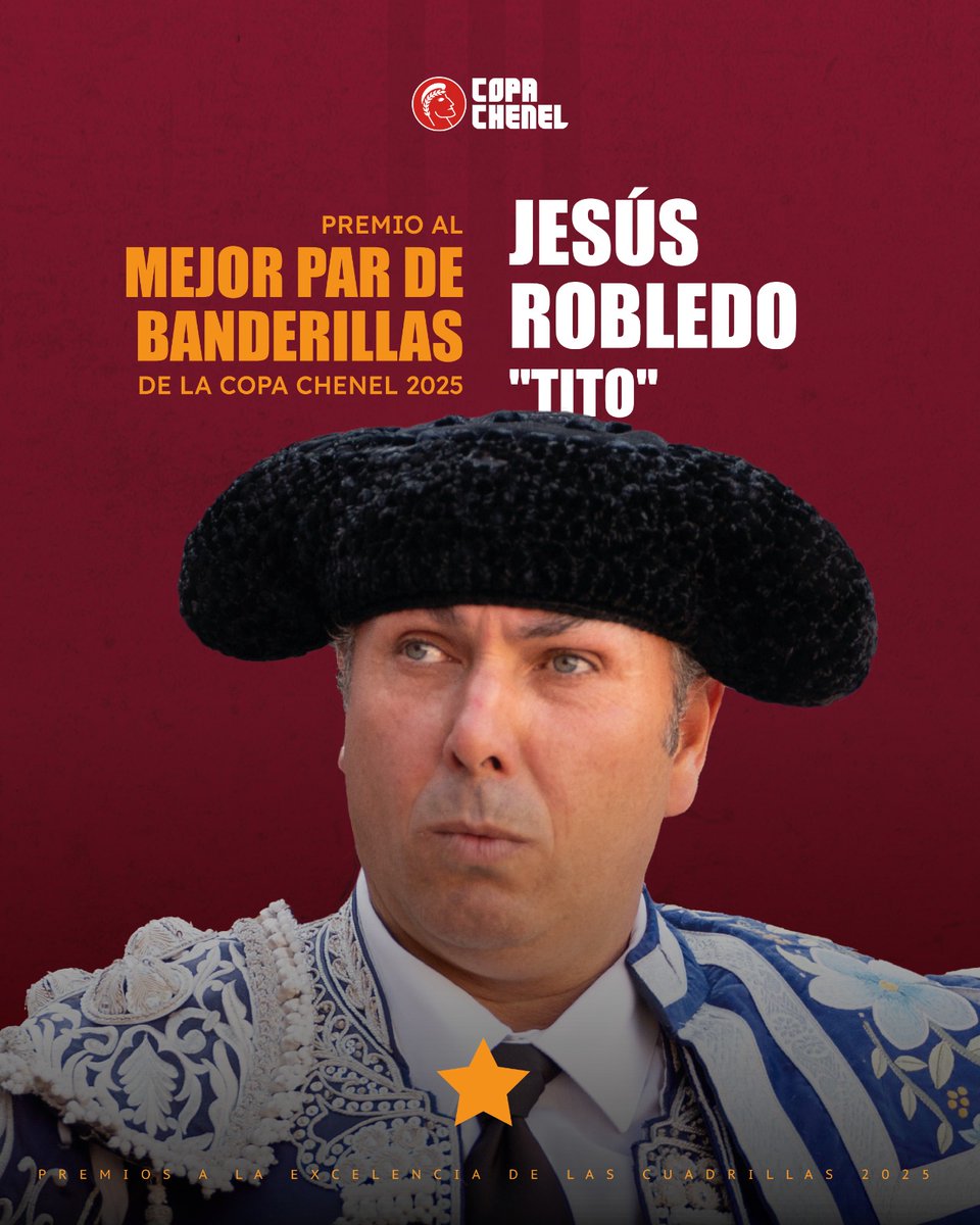 🏆 El premio al 𝗠𝗘𝗝𝗢𝗥 𝗣𝗔𝗥 𝗗𝗘 𝗕𝗔𝗡𝗗𝗘𝗥𝗜𝗟𝗟𝗔𝗦 𝗱𝗲 𝗹𝗮 𝗖𝗢𝗣𝗔 𝗖𝗛𝗘𝗡𝗘𝗟 2025 es para...
𝗝𝗲𝘀𝘂𝘀 𝗥𝗼𝗯𝗹𝗲𝗱𝗼 “𝗧𝗶𝘁𝗼” 💥
<a href="/ftorodelidia/">Fundación Toro Lidia</a> <a href="/novilladas/">Liga Nacional de Novilladas</a> <a href="/UNPBE/">U.N.P.B.E.</a> <a href="/CopaChenel/">CopaChenel</a>