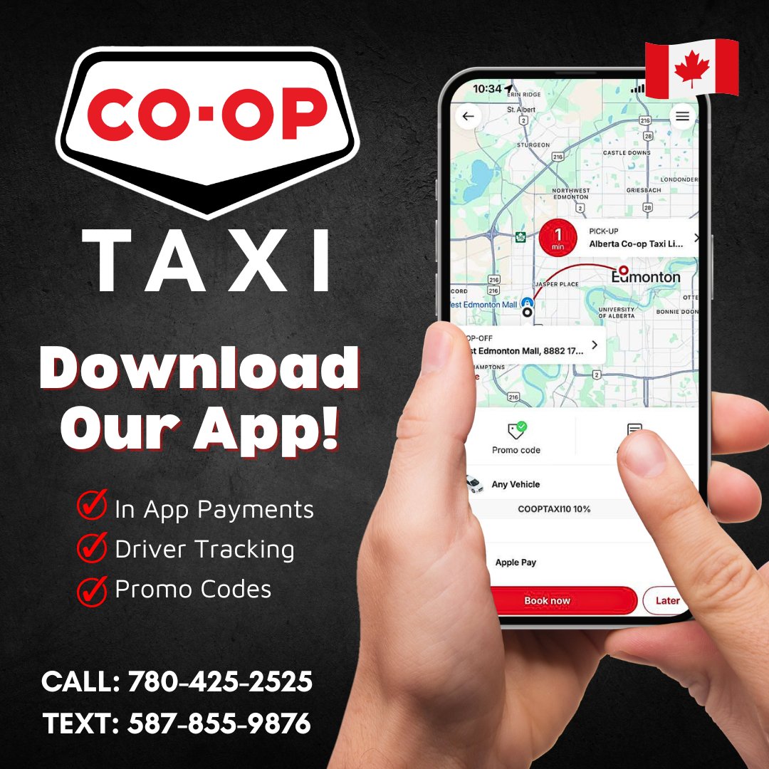 🌨️❄️ Snow or shine, Edmonton rides with Co-op Taxi!
Heading to West Ed? Rogers Place? Southgate? Work? Home?
Use COOPTAXI10 for 10% off your next ride with us!
Book your way: call, text, WhatsApp, web, or download our app today.
#CoopTaxi #YEG #Taxi