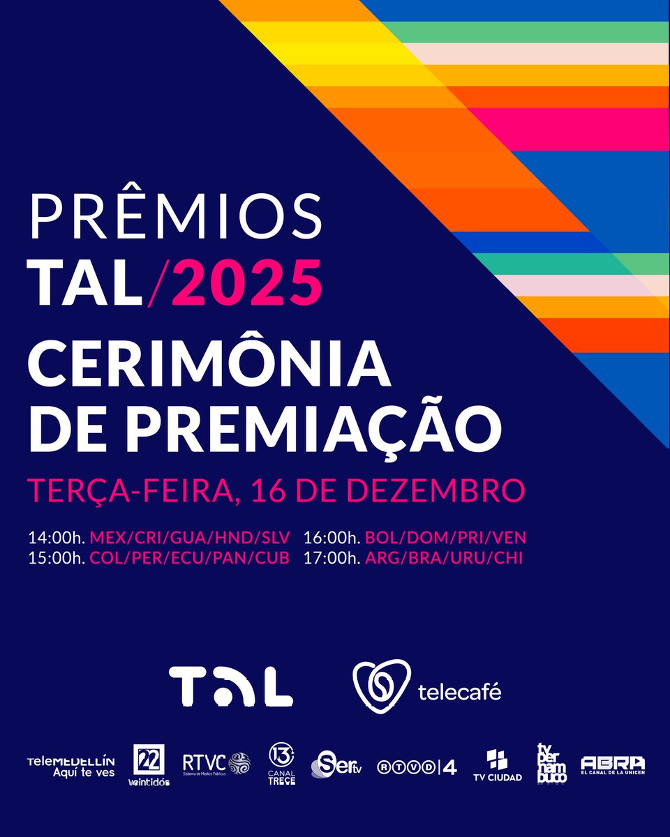 RedTALtv's tweet image. 🏆 #PremiosTAL2025 | Ceremonia de Premiación

✨ ¡Se viene la gran celebración de la televisión pública de América Latina!
Nos reunimos para reconocer las historias, las miradas y las identidades que construyen nuestra cultura migrante.

🗓️ 16 de diciembre
⏰ 14:00h MEX / CRI /…