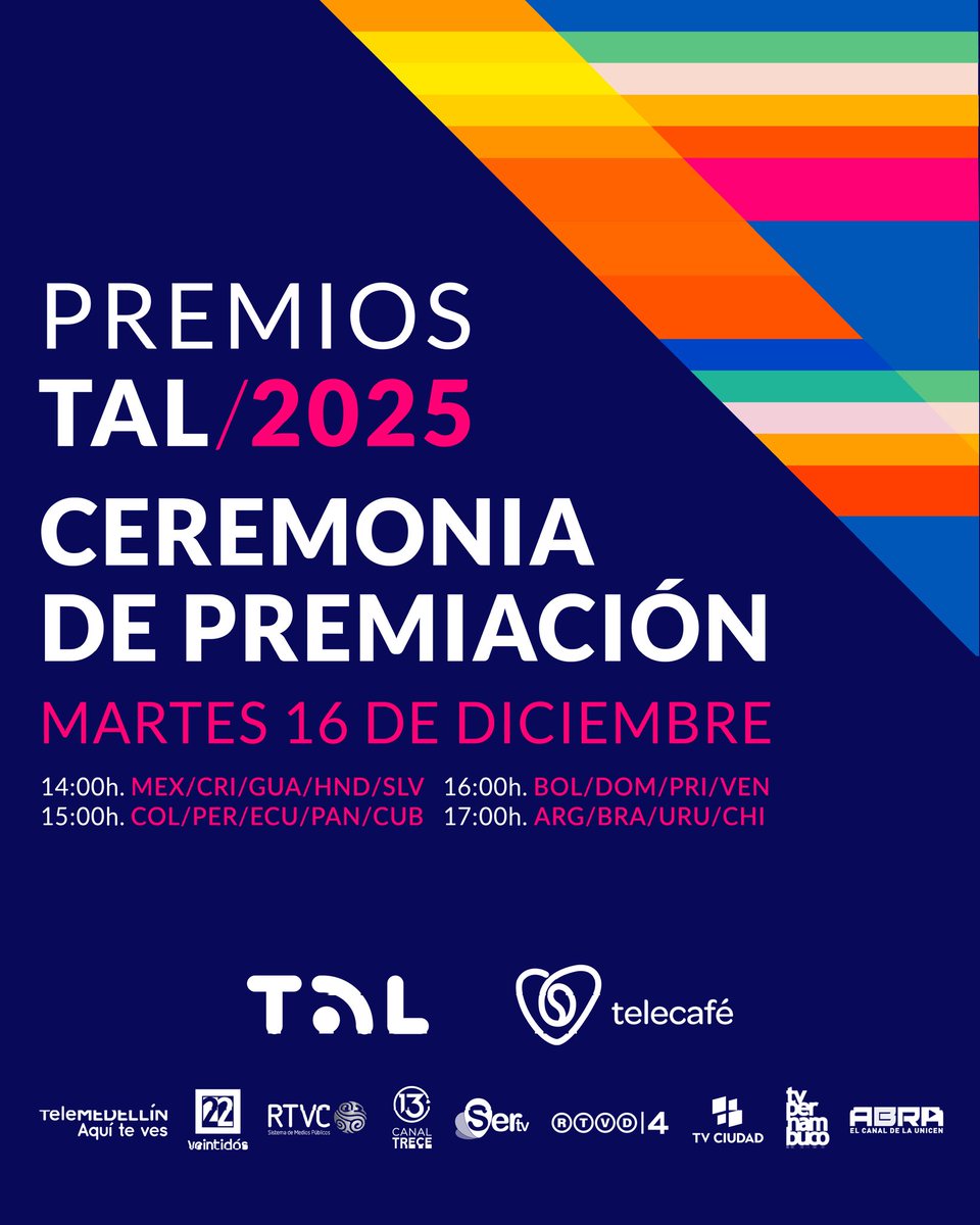 RedTALtv's tweet image. 🏆 #PremiosTAL2025 | Ceremonia de Premiación

✨ ¡Se viene la gran celebración de la televisión pública de América Latina!
Nos reunimos para reconocer las historias, las miradas y las identidades que construyen nuestra cultura migrante.

🗓️ 16 de diciembre
⏰ 14:00h MEX / CRI /…