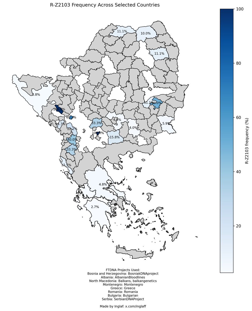 CapriCaput's tweet image. I was able to get Bulgaria to populate, so I redid the Balkan map for R1b-Z2103 @m_kolovrt.

Still no access to the official FTDNA group for Macedonia or Croatia.