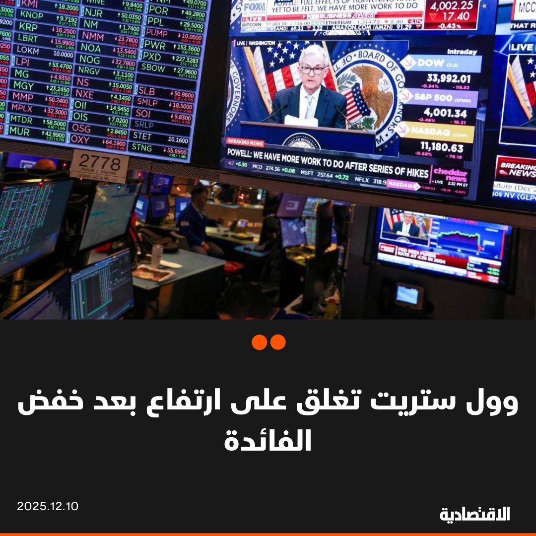 أنهت الأسهم الأمريكية تعاملاتها اليوم مرتفعة، بعد أن خفض البنك المركزي الأمريكي أسعار الفائدة بمقدار ربع نقطة مئوية، مع ترجيحه تعليق المزيد من قرارات الخفض مؤقتا، نظرا لتوقعات قوة الاقتصاد. ارتفع مؤشر داو جونز الصناعي بنسبة 1.05%. زاد ناسداك المجمع 0.33%. صعد ستاندرد آند 