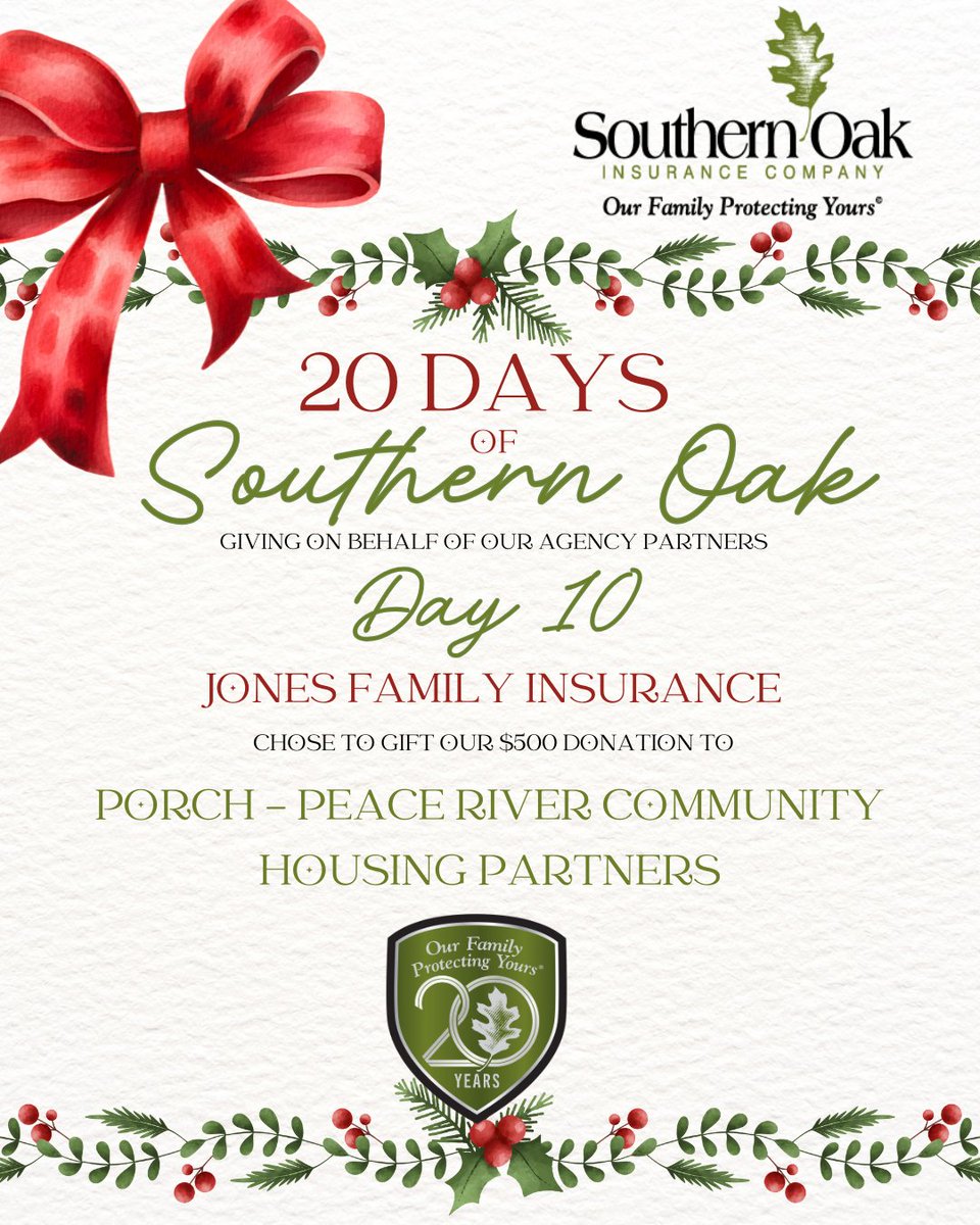 SouthernOakIns's tweet photo. Day 10 of the 20 Days of Southern Oak! Today’s $500 donation goes to (PORCH) Peace River Community Housing Partners on behalf of Jones Family Insurance.
Thank you for uplifting our community, and extending meaningful support to those in difficult times. https://t.co/5luqOFdF0Q