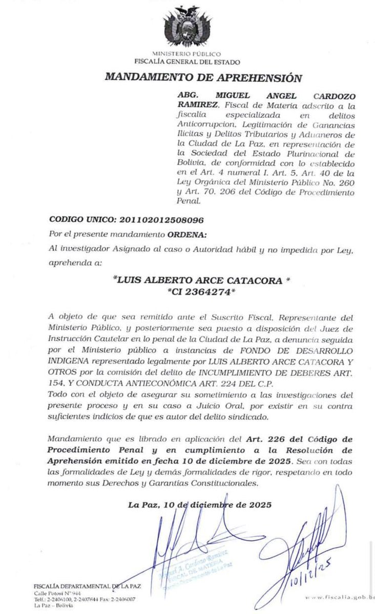 DETIENEN A LUCHO ARCE (<a href="/LuchoXBolivia/">Luis Alberto Arce Catacora (Lucho Arce)</a>) 

El ex presidente de #Bolivia fue detenido por desfalco tentativo al Fondo de Desarrollo para Pueblos Indígenas Originarios y Comunidades Campesinas. La Fiscalía General del Estado lo acusa de delitos de incumplimiento de deberes y conducta