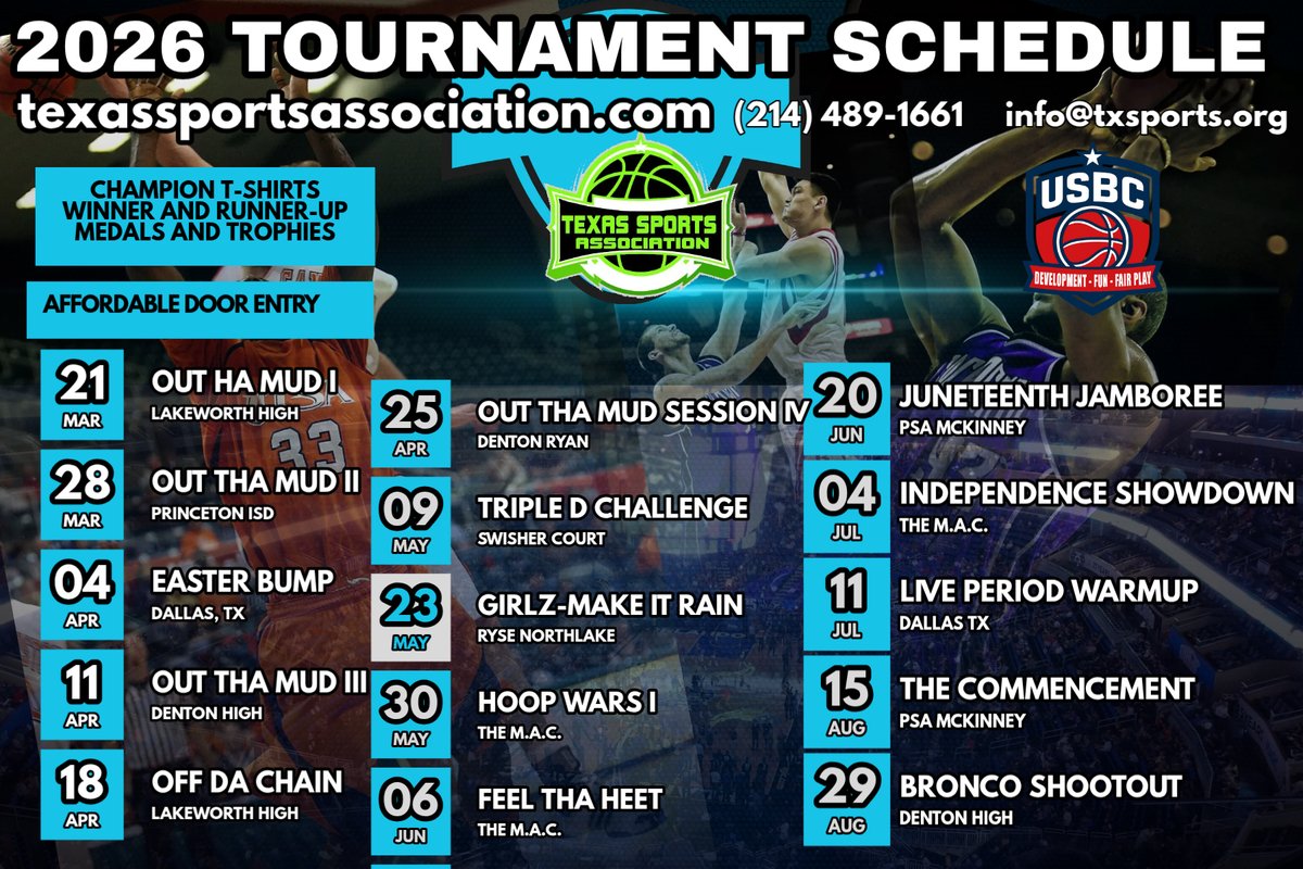 TX_Sports_Assoc's tweet photo. Discover the 2026 tournament schedule with affordable entry, champion t-shirts, and medals. Visit https://t.co/yL0ps4k2Ze or call (214) 489-1661 for details. #SportsEvents #Tournament2026 #TexasSports https://t.co/MfdrAsjW7Y