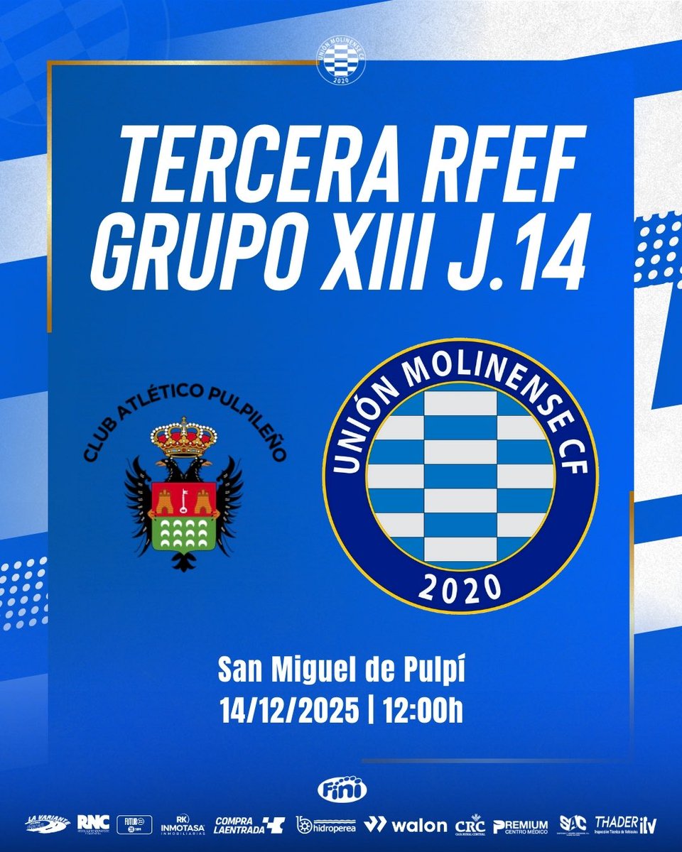 𝐉.𝟏𝟒 #𝐓𝐞𝐫𝐜𝐞𝐫𝐚𝐑𝐅𝐄𝐅 🏆|

¡𝐇𝐎𝐑𝐀𝐑𝐈𝐎 𝐂𝐎𝐍𝐅𝐈𝐑𝐌𝐀𝐃𝐎! ⌚️

⚔️ Club Atlético Pulpileño 
📍 San Miguel de Pulpí  
🗓️ Domingo 14/12
🕛 12:00h

#PulpileñoMolinense