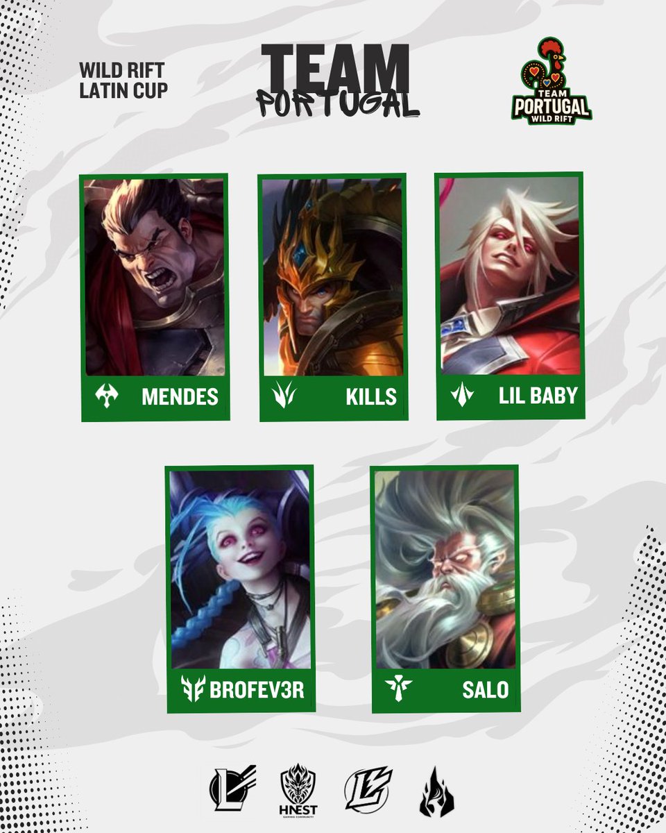 Team Portugal for the #WildRift Latin Cup 

🇵🇹 MendeS 
🇵🇹 Kills 
🇵🇹 Lil Baby
🇵🇹 BroFev3r 
🇵🇹 Salo 

📆  December 13 - 16:00 CET (UTC+1)
📺  discord.gg/MZXs6Ezx3D