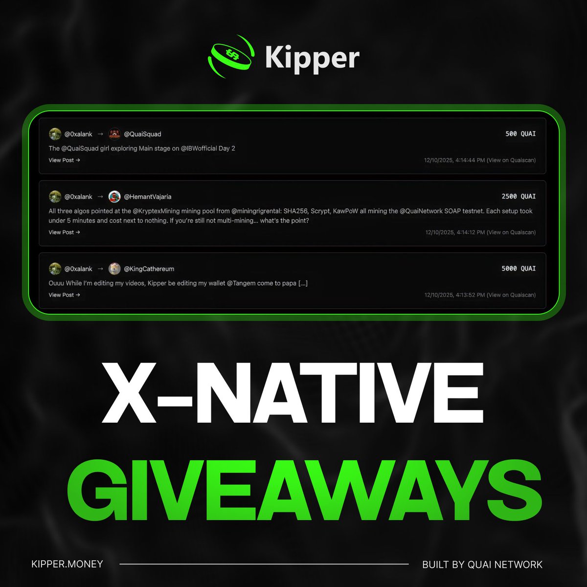 Pro tip for giveaway hosts: stop sending rewards in your DMs.

With Kipper, you tip winners directly and everything’s visible + onchain.

(Kipper Challenge rewards have been sent with Kipper, one more shoutout to the winners <a href="/KingCathereum/">King Cathereum</a>, <a href="/HemantVajaria/">Kishore ⚡💵</a>, and <a href="/QuaiSquad/">QuaiSquad</a>!)