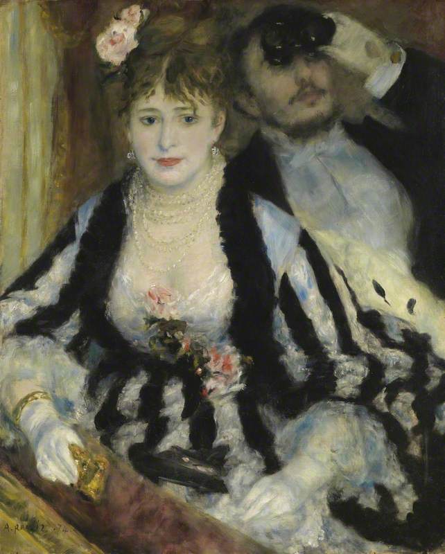 Painting at Bedtime.
La Loge (The Theatre Box).
Pierre-Auguste Renoir.

This painting is in the Courtald Gallery in London, but if you had been in London in 1874 you could have had this very cheaply. In fact it did not sell. The sitters are Edmond Renoir and Nini Lopez.