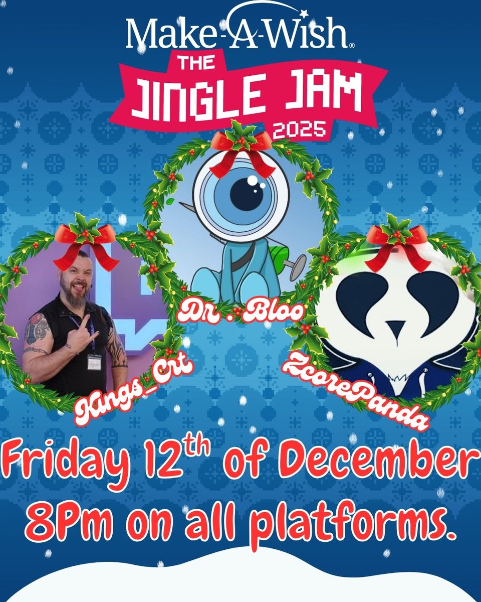 Kings_Crt's tweet image. This Friday We will be raising money for @MakeAWishUK as part of JINGLE JAM 2025 !
I will be live with @Doctor_Bloo and @Zcorepanda  over Youtube and Twitch !
Come help us raise money for a great cause !
SEE YOU FRIDAY AT 8pm !