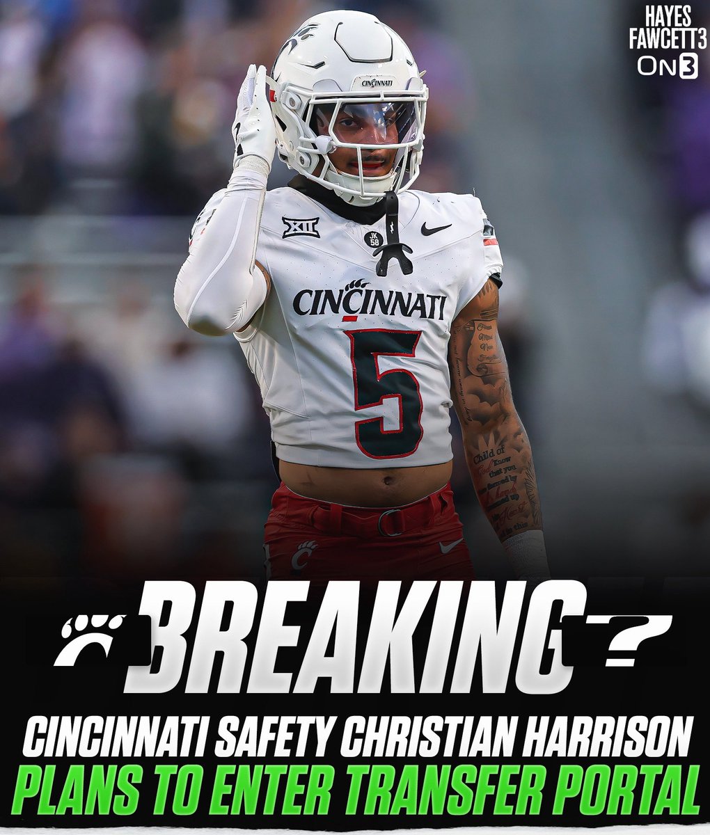 BREAKING: Cincinnati starting DB Christian Harrison plans to enter the <a href="/TransferPortal/">Transfer Portal</a>, he tells <a href="/on3/"></a>

This season he totaled 66 tackles (40 solo), 7 PBU, 1 INT, &amp; 2.5 TFL

Is the son of NFL HOFer Rodney Harrison 

Started his career at Tennessee

on3.com/transfer-porta…