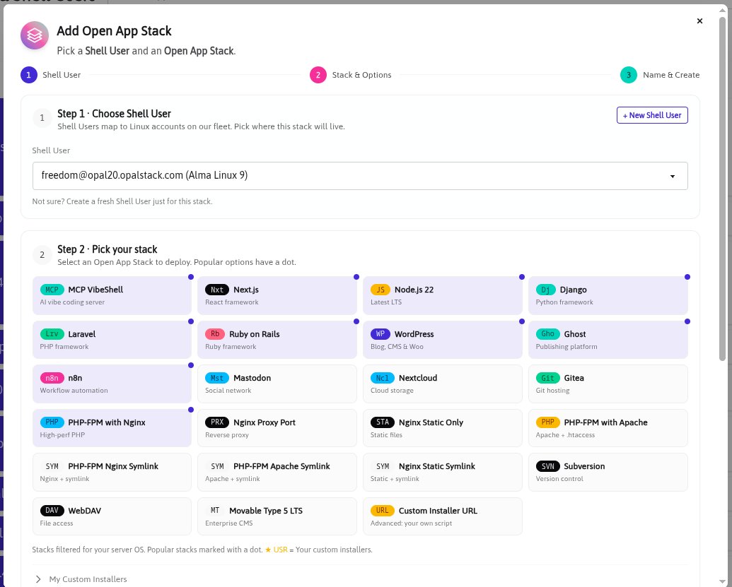 opalstack's tweet image. We have rolled out a major update for our Open App Stacks (formerly installers) which adds the following features.
1. A new MCP VibeShell app we are building internally and releasing as open source which will enable file system edits via MCP, allowing 100% vibe code ability on…