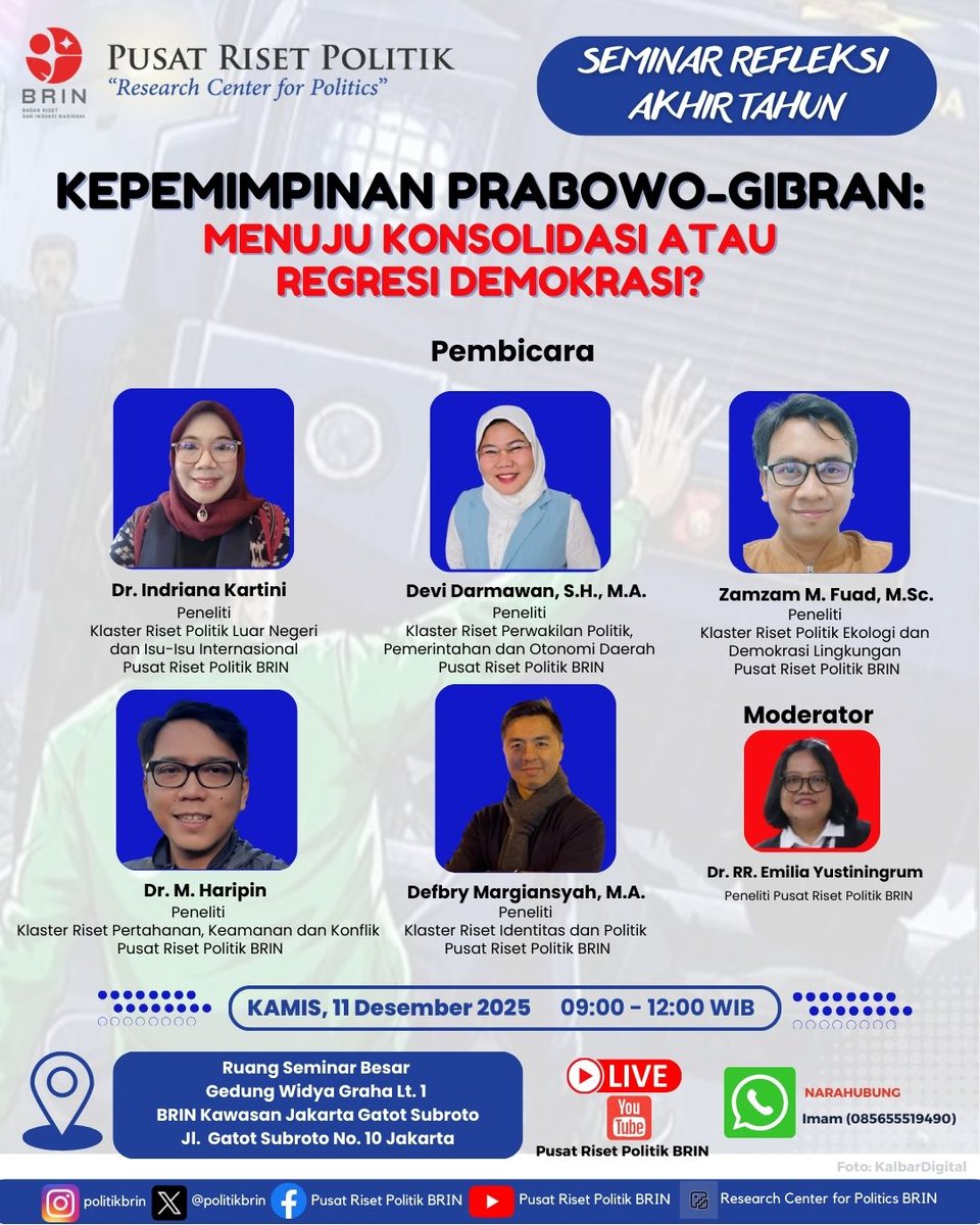 EYustiningrum's tweet photo. Prabowo-Gibran leadership: toward a consolidated or regression of democracy. Please join us today at @PolitikBRIN  😀 https://t.co/HpuyWI8ydI