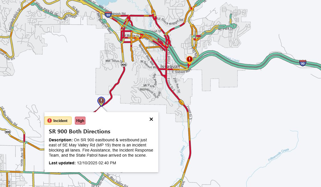 wsdot_traffic's tweet image. SR 900 near Tibbetts Creek just south of Issaquah (MP  is fully blocked in both directions due to downed power lines.

Expect delays in this area @cityofissaquah