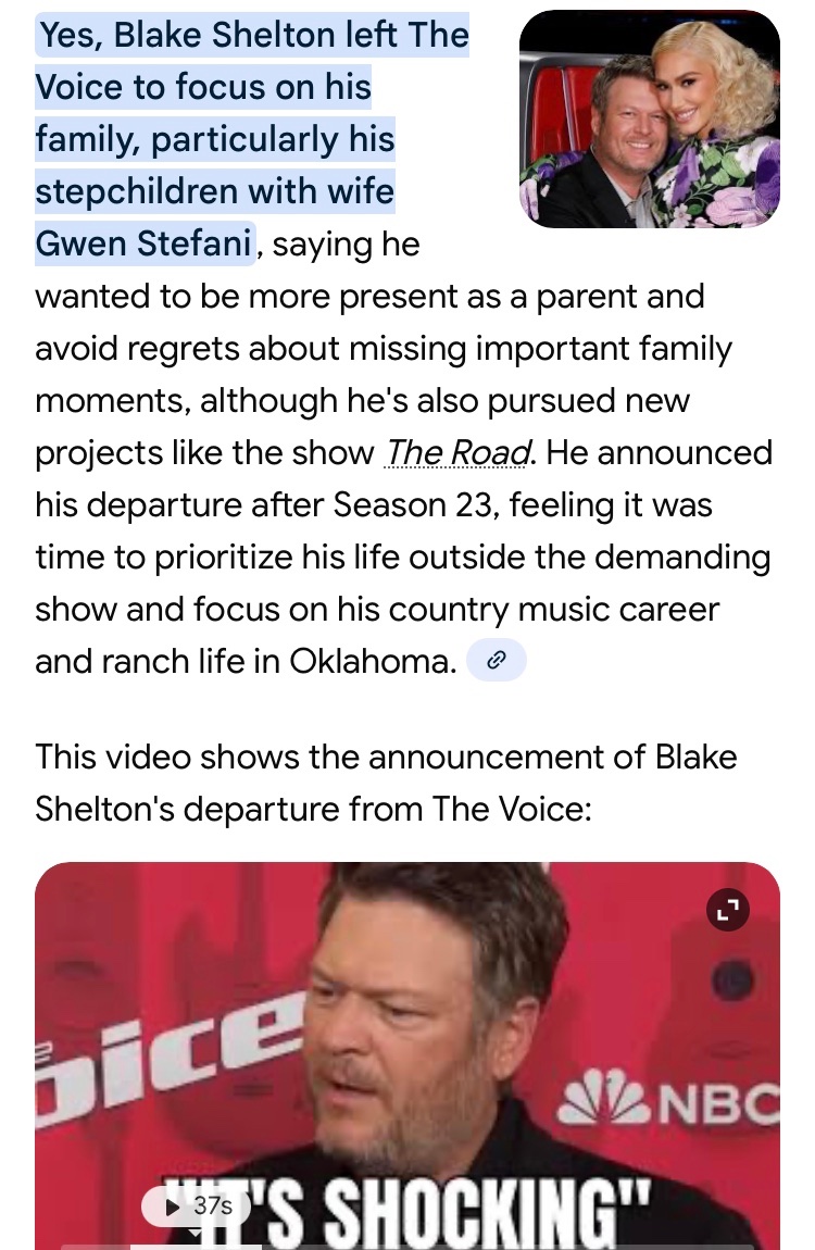 D6178Lilly's tweet photo. BS GS 👀 Blake left The Voice… “to spend time with GS / kids / music / Oklahoma.” Gwen continued her Voice role…but encouraged BS to be home more…”to ensure a happy future together.” She left The Voice…but both are busy busy bees…leaves lit’l room for time together…🚩🤔 https://t.co/8cW9ZNTHvi