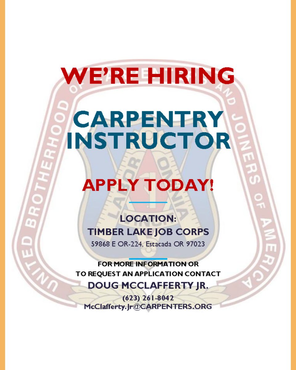 WSCarpenters's tweet image. OREGON Carpenters!
Do you have a knack for teaching 📓&amp;amp;are you in or near Estacada? 🍎 This is a great opportunity to advance your career by becoming a Carpentry instructor. 
Share and apply today! 📝 

#Carpenters #UnionCarpenters #JobsWagesBenefits #UBC