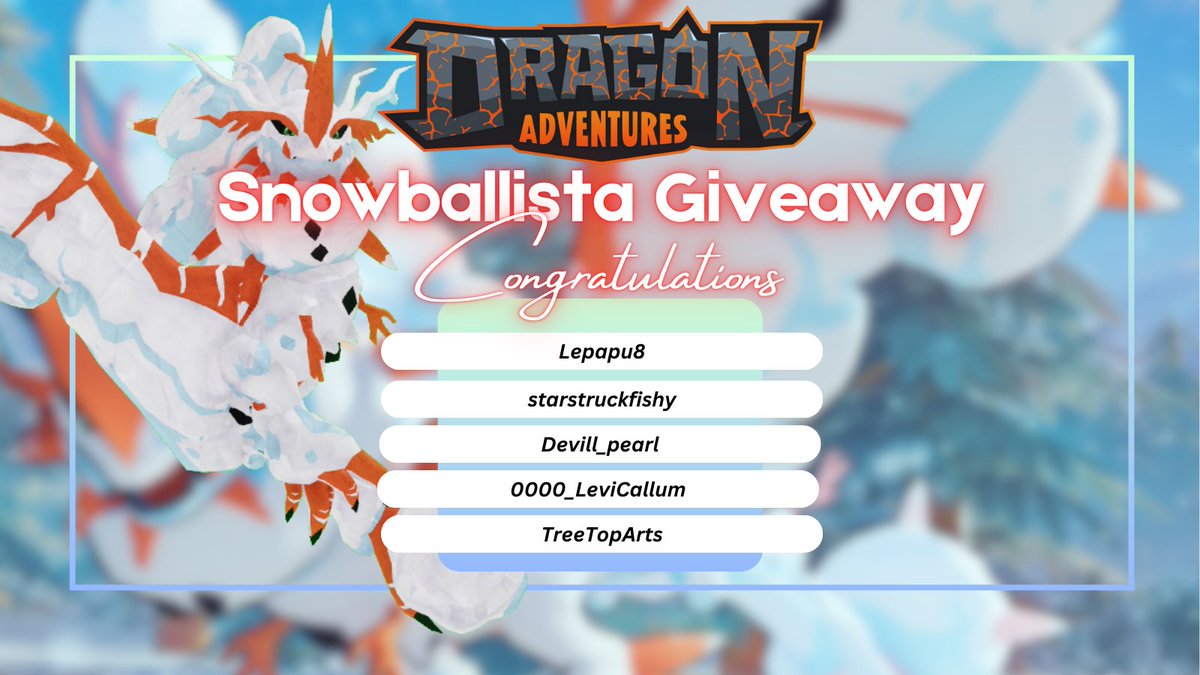 DragonAdvRBLX's tweet image. 🐲⛄Congratulations to the winners of our Snowballista Giveaway!⛄🐲

🎁 @Lepapu8 
🎁 @starstruckfishy 
🎁 @Devill_pearl
🎁 @0000_LeviCallum
🎁 @TreeTopArts 

Thank you all who entered - and stay tuned for the next giveaway!❤️

#DragonAdventures #Roblox