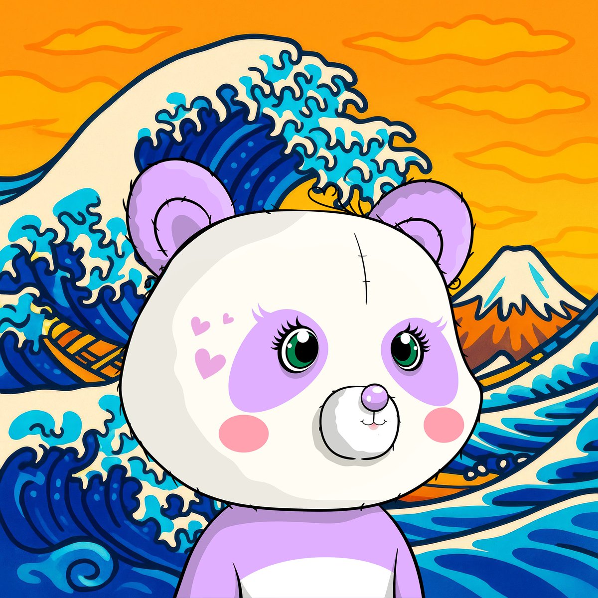 PandaPump_'s tweet image. PandaPals adoption of the day (AOTD) -- massive shoutout to @KaspaMarketing for minting this absolutely beautiful Pandarina!

Background: The Great Wave off Kanagawa
Back: None
Aura: None
Skin: Color - Mauve
Face: Heart - Pink
Head: None
Body: None
Gestures + Extras: None
Stance:…