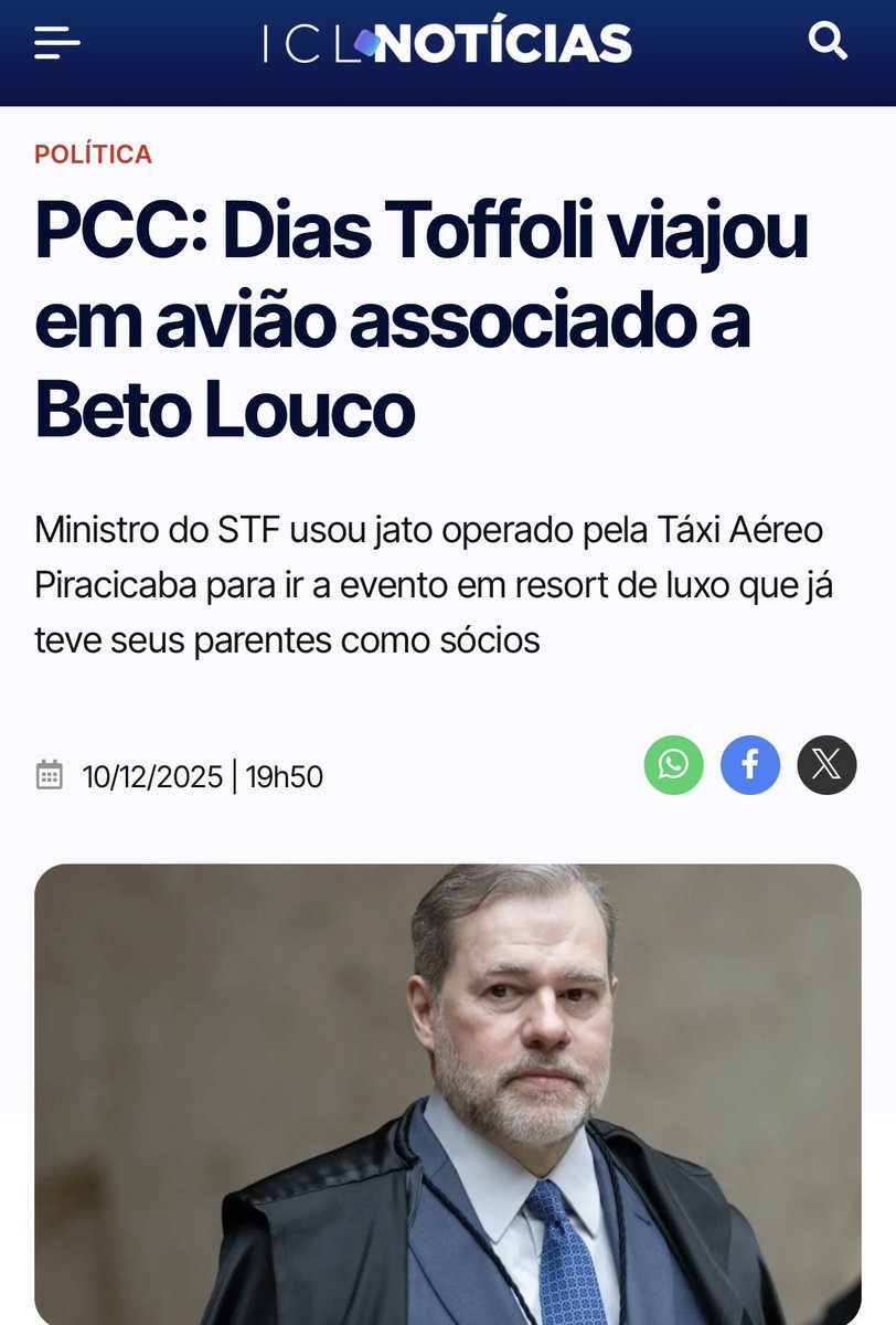 Gravíssimo! O ministro do STF Dias Toffoli viajou em jatinho associado a Beto Louco, acusado pela PF e pelo MPSP de comandar esquema de lavagem de dinheiro que beneficia o PCC. Beto Louco está foragido da Justiça desde agosto.