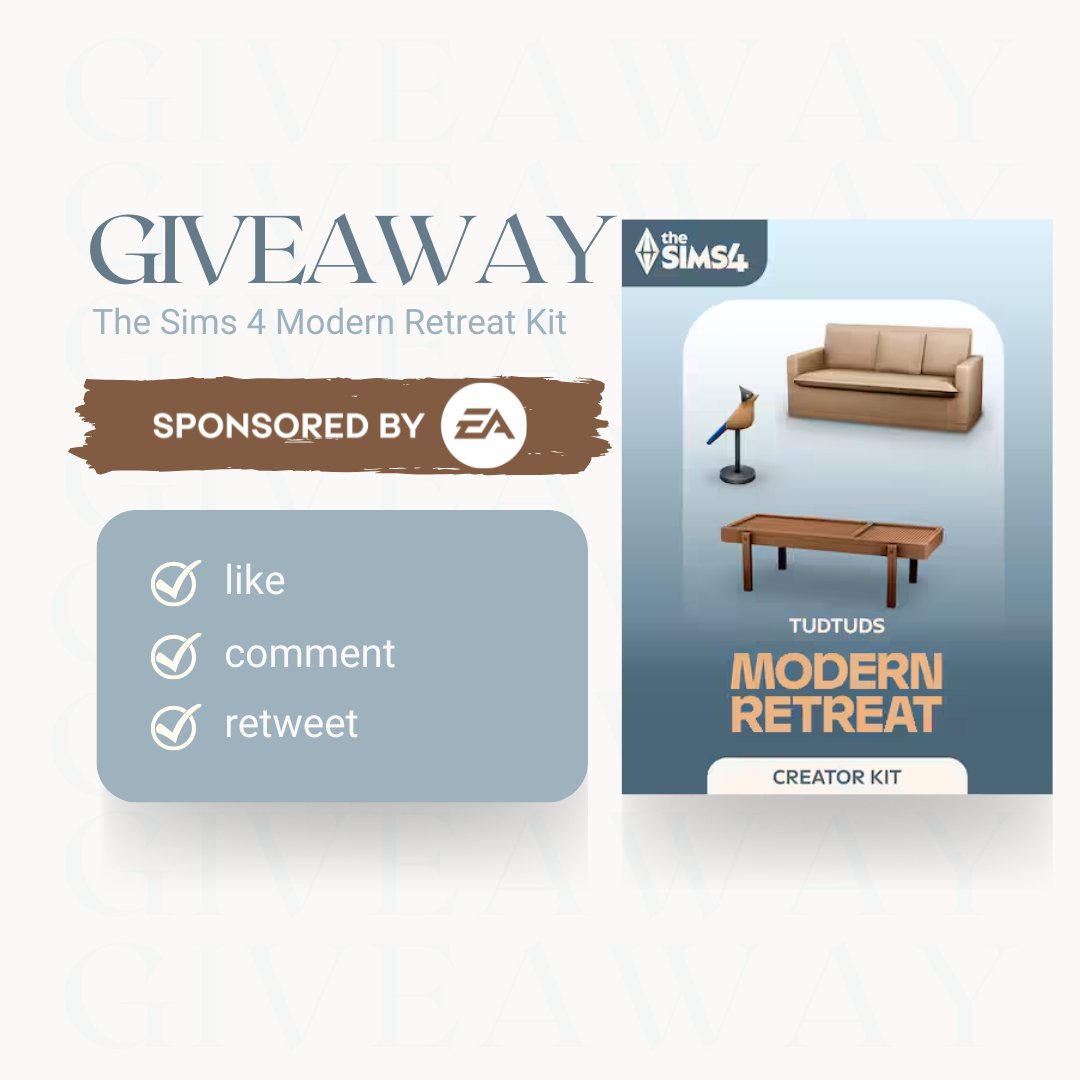 efalaus's tweet image. 💿 SPONSORED GIVEAWAY 🪑

Free EA code (PC) for The Sims 4 Modern Retreat Creator Kit

To Enter: 
- Like
- Comment
- Retweet

The winner will be announced on December 17th!

Thank you EA for sponsoring this post! 🩵

#Sponsored #EA #TheSims4 #Ad