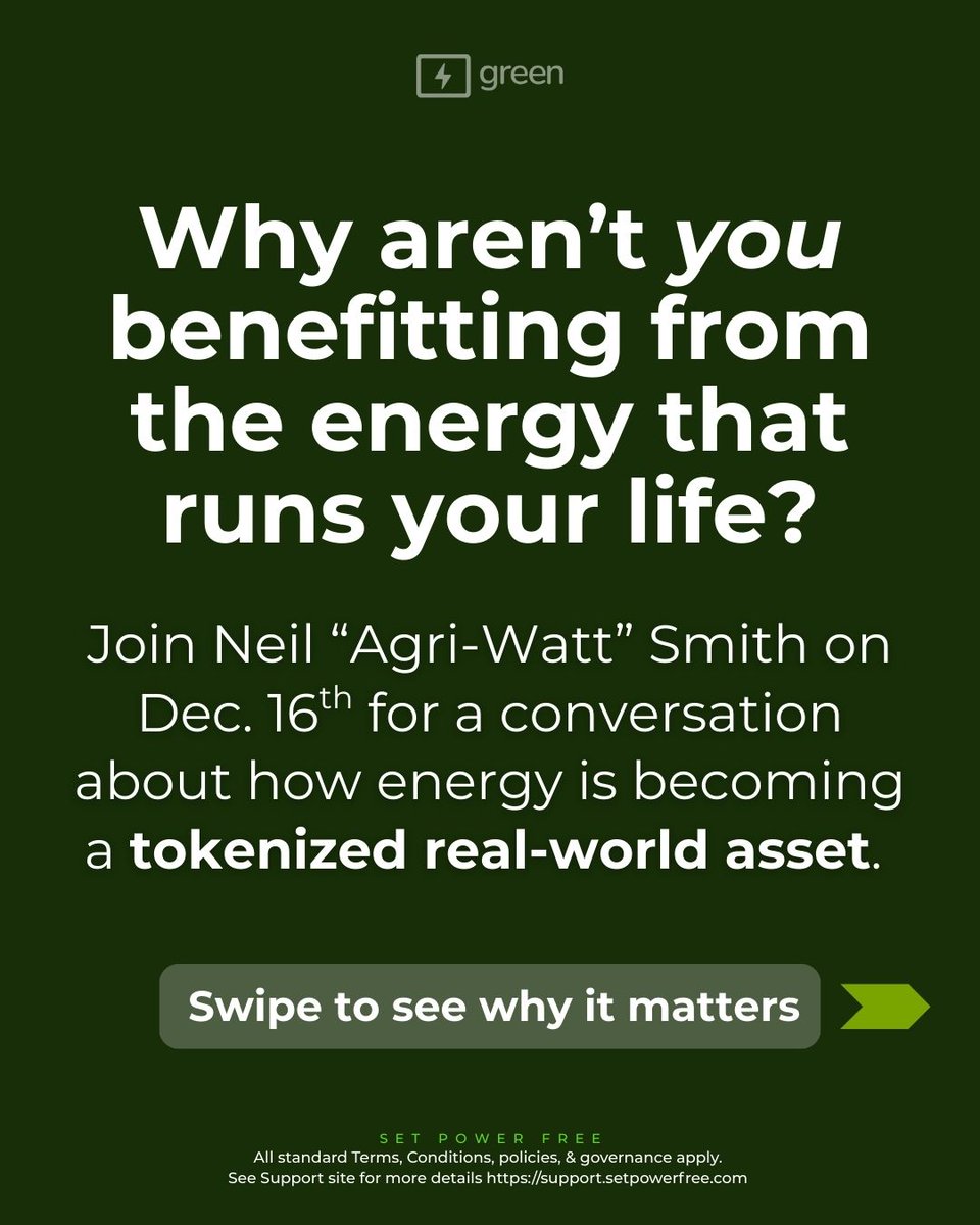 setpowerfree's tweet photo. Come hang out with Neil “Agri-Watt” Smith this Tuesday as he breaks down Green blockchain, GreenBot, and how energy becomes tokenized RWAs you can actually benefit from.

If you’ve ever wondered why only a few profit from the energy system, join us in the Discord 💡 https://t.co/QYtjfcdg6w