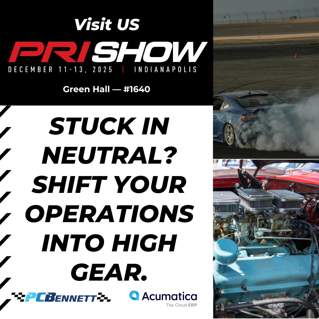 Stuck in neutral? Shift your operations into high gear.

PC Bennett helps automotive companies transition to modern, flexible ERP built for speed and accuracy — giving you instant visibility and tools that keep your business moving.

Come meet us at PRI — Green Hall, Booth #1640