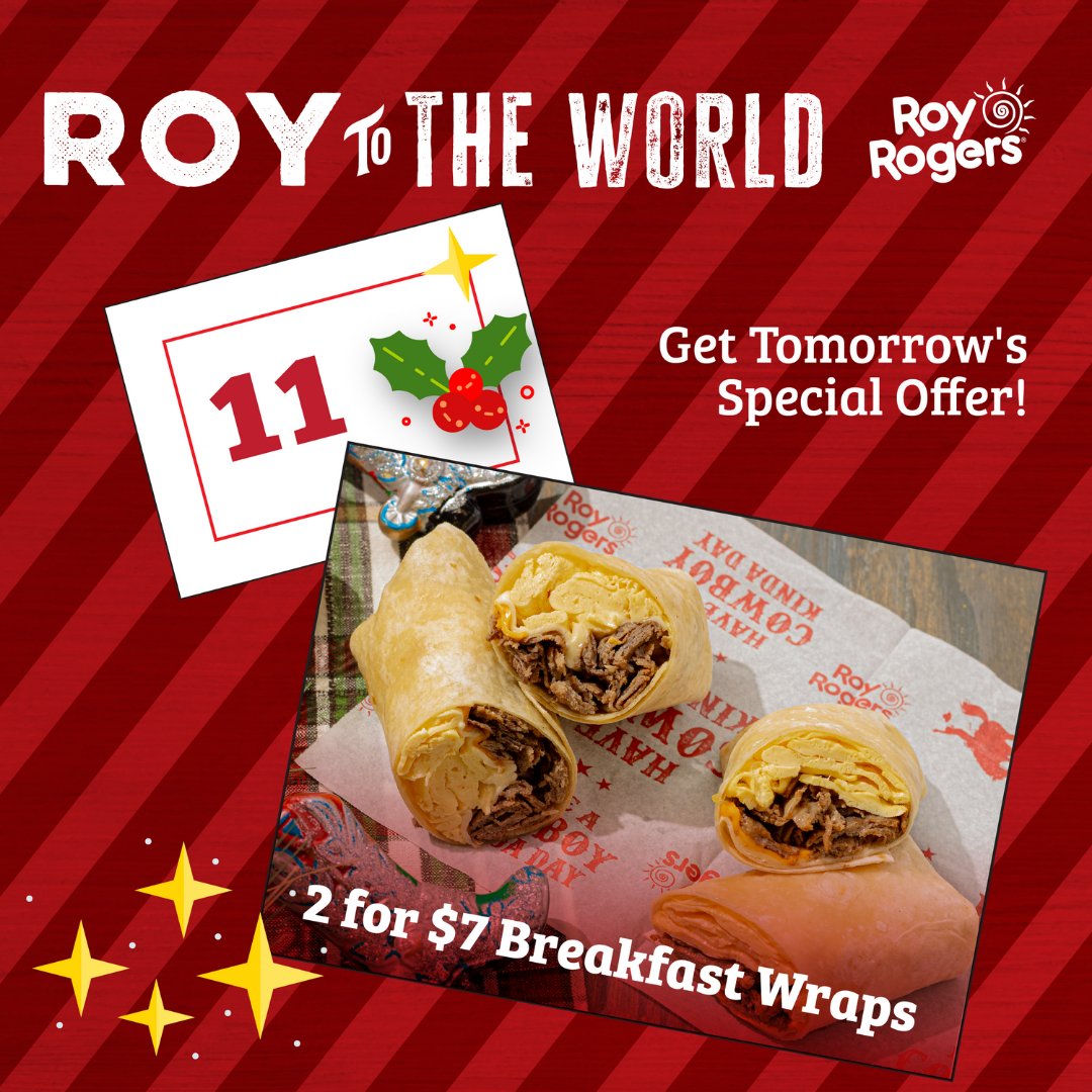 Enjoy 2 for $7 Breakfast Wraps tomorrow, 12/11 only! 🌯✨ Use Promo Code: WRAPITUP or mention offer in store!