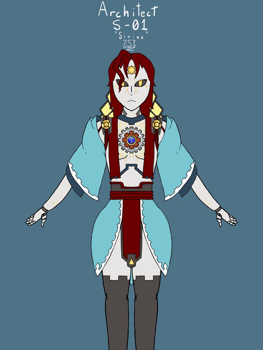 My newest D&amp;D character for an upcoming mini-campaign:
Architect S-01, known as "Sirius".
She's a prototype divine conduit, meant to bridge the gap between mortal and divine... sadly, her inventor went bankrupt, so it's on her to fund her own future development.