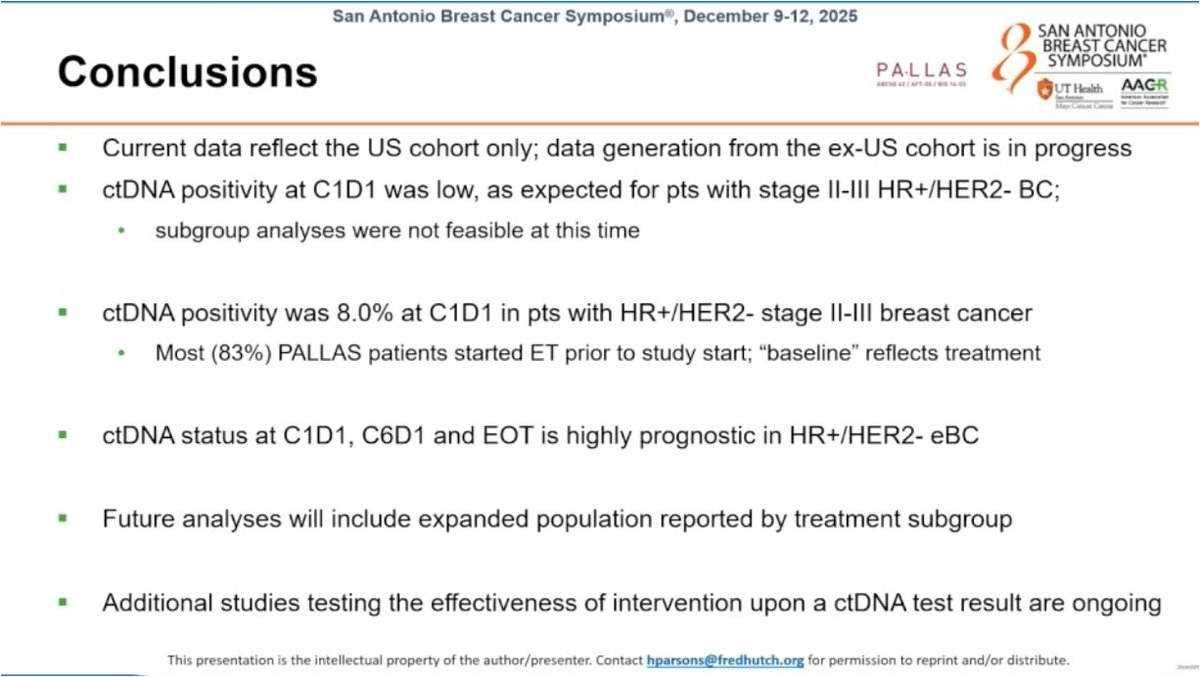 MVanMeterMD's tweet photo. Presence of ctDNA in the PALLAS study is strongly prognostic for recurrence in early breast cancer. Await additional data on impact of CDK4/6i in reducing recurrence.
@hthrparsons of @fredhutch #SABCS25 https://t.co/C52DaODu16