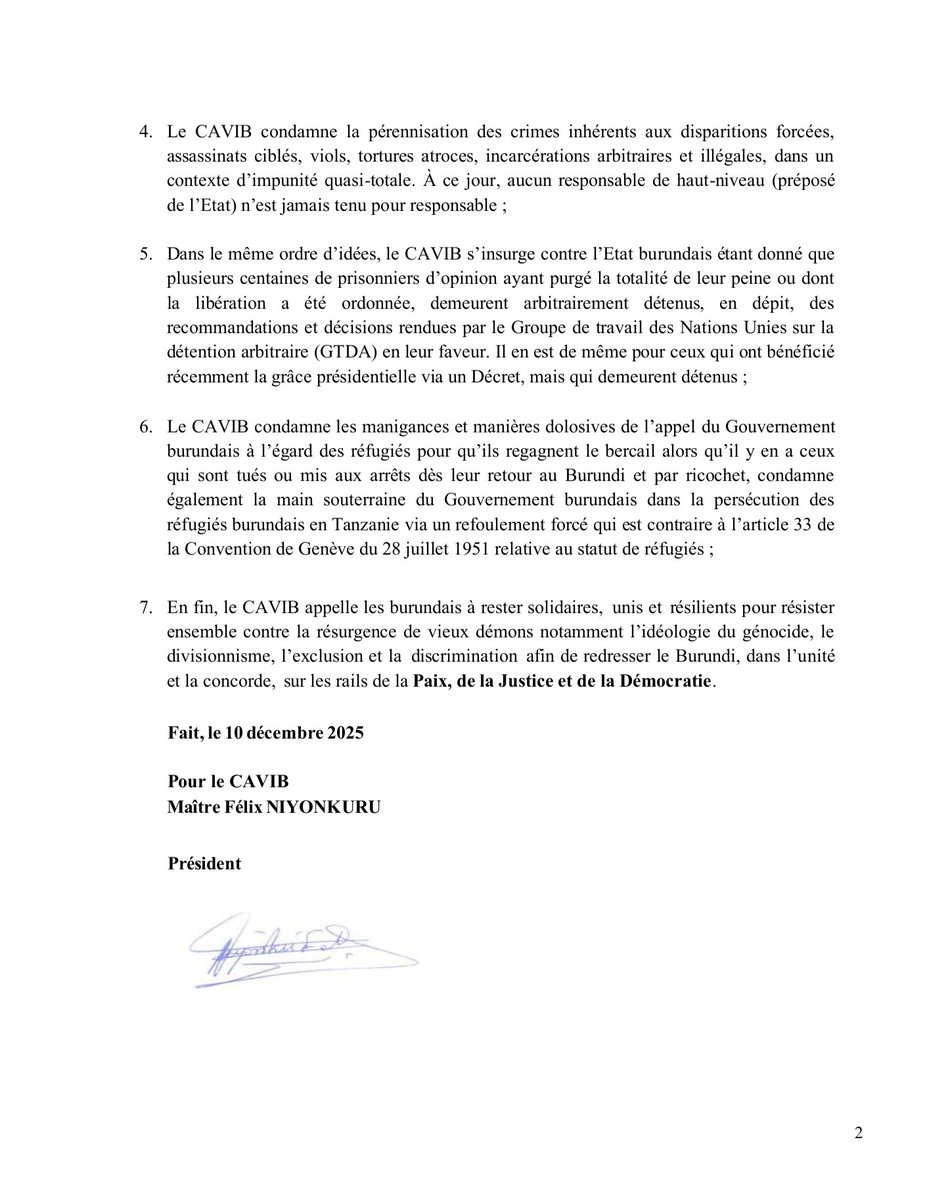 À l’occasion du 77e anniversaire des Droits de l’Homme, #CAVIB publie un rapport sur la situation alarmante au #Burundi : répression ciblée, discours de haine et crise persistante. <a href="/DefendDefenders/">DefendDefenders</a> <a href="/UNHumanRights/">UN Human Rights</a> <a href="/BurundiGov/">Bureau du Premier Ministre</a> <a href="/GeneralNeva/">SE Evariste Ndayishimiye</a> <a href="/CNIDH_Bdi/">CNIDH-Burundi</a> <a href="/amnesty/">Amnesty International</a> <a href="/hrw/">Human Rights Watch</a> <a href="/Trial/">TRIAL International</a>