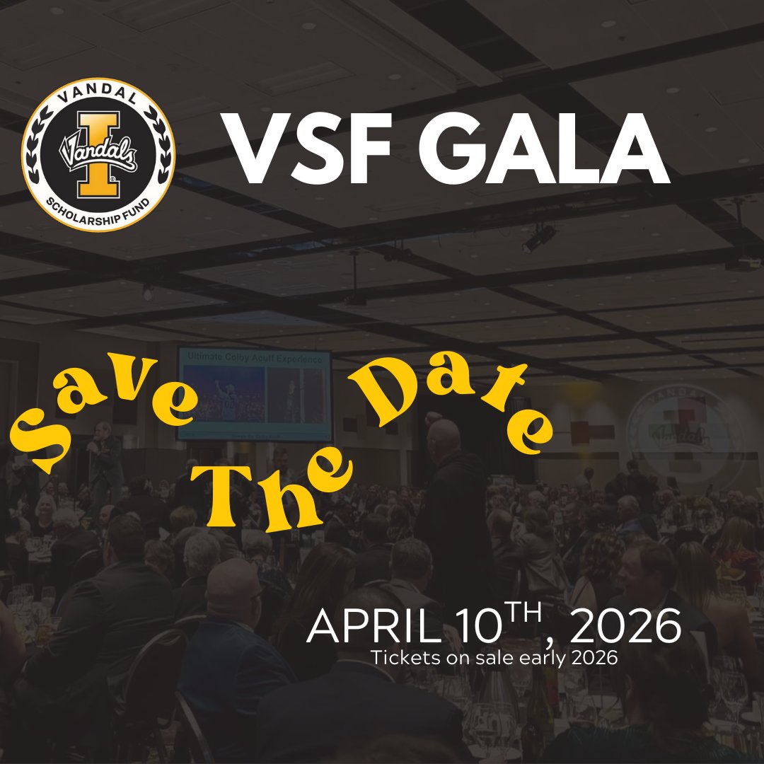 supportVSF's tweet image. This year’s Vandal Scholarship Fund Gala will be held a bit later than usual — April 10th — but we hope you’ll still join us for our largest fundraiser of the year!

Your support fuels scholarships, elevates our student-athletes, and strengthens the future of Vandal Athletics.