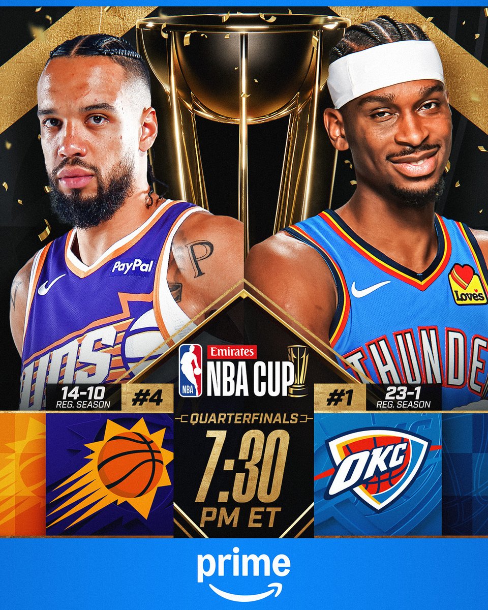 SUNS. THUNDER. Who will advance to Vegas?

 OKC: 23-1, 15-game win streak
 SGA: 2nd-most PPG in Cup history (31.8)
 Top 5 defenses in Group Play

OKC and PHX clash in the @emirates NBA Cup Quarterfinals at 7:30pm/et on Prime!