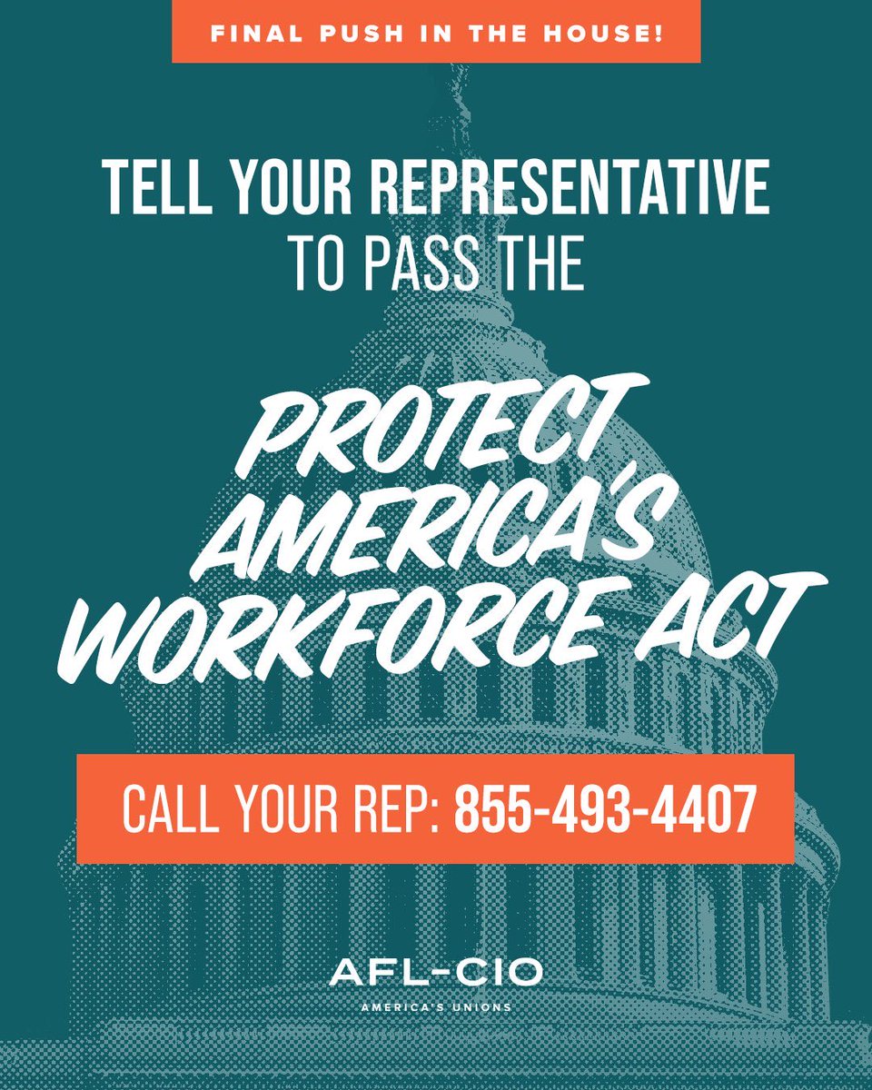 Our bill to reverse President Trump’s union-busting executive order is getting a vote in Congress THIS WEEK.

Tell Congress: Pass the bipartisan Protect America’s Workforce Act and restore union rights for 1 million federal workers! act.aflcio.org/call_campaigns…